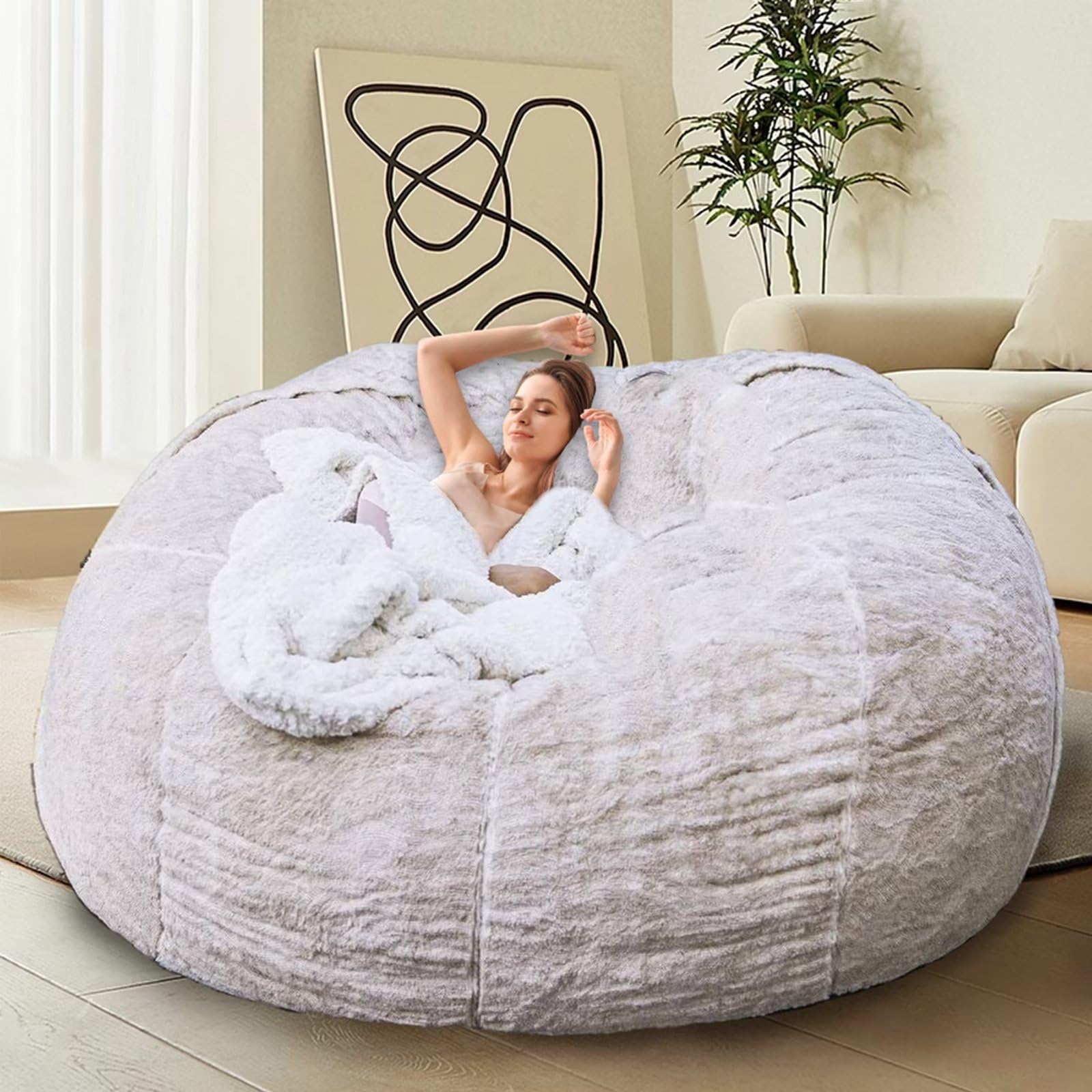 HDMLDP Bean Bag Chair for Adults Kids Without Filling Comfy Fluffy Giant Round Beanbag Lazy Sofa Cover for Reading Chair Floor Chair, 6FT, Grey