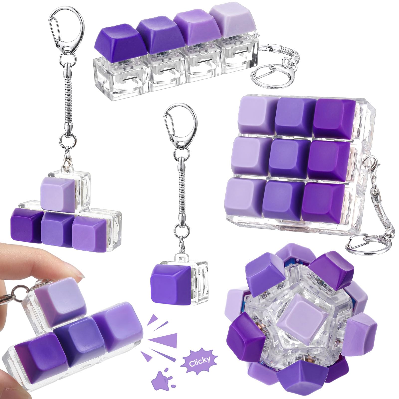 Halloscume 5 Pcs Keyboard Fidget Clicker Keychains in 5 Styles, Back to School Gift Fidget Mechanical Button Clicker Stress Relief Gift for First Day of School Office Home(Blue Purple)