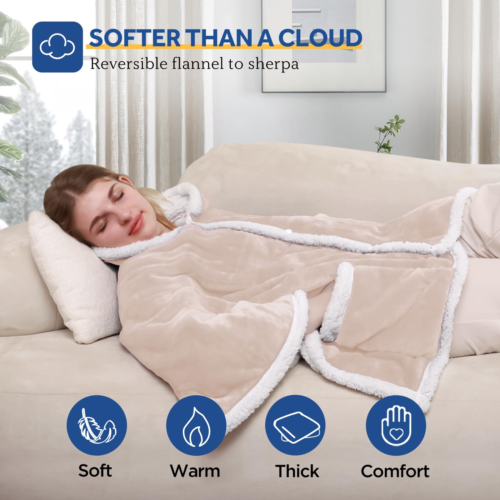 Sealy Heated Throw Wearable Shawl Wrap with Pockets, Reversible Flannel to Sherpa Electric Blanket Hoodie Poncho with 6 Heating Levels & 2-10 Hours Time Settings, 50 X 60 Inch, Pink