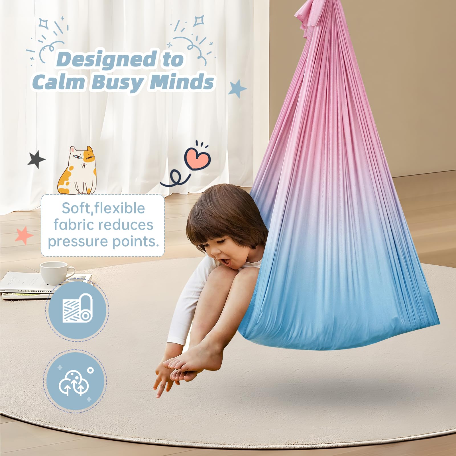 Aokitec Sensory Swing for Kids with Special Needs, Indoor Kids Swing Cuddle Hammock Chair Adjustable Aerial Swing for Children with Autism, ADHD, Asperger, Sensory Integration(Blue)