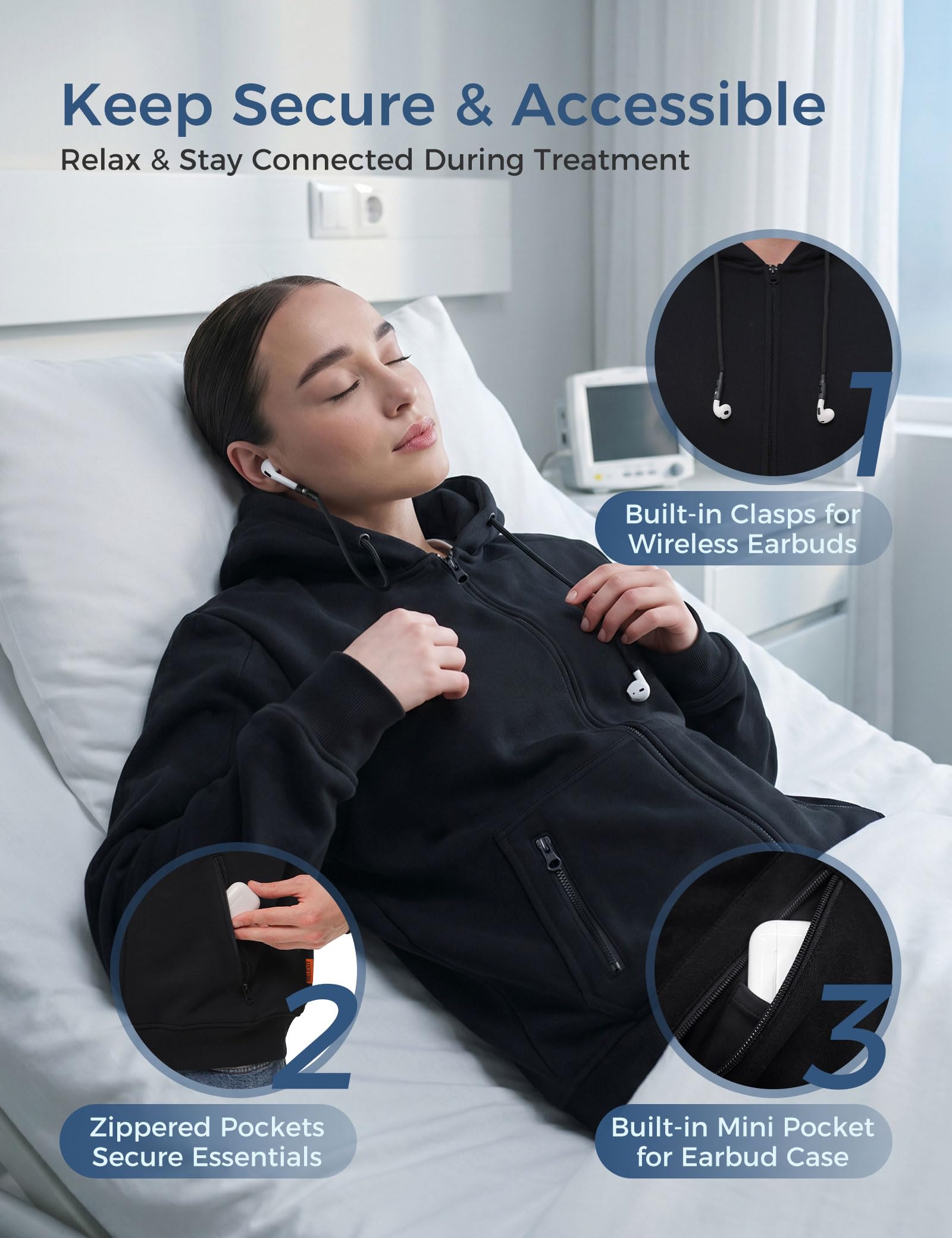 Dialysis Hoodie with Built-In Eye Mask Two Way Arm Zippers for Port Access Dialysis Sweatshirts
