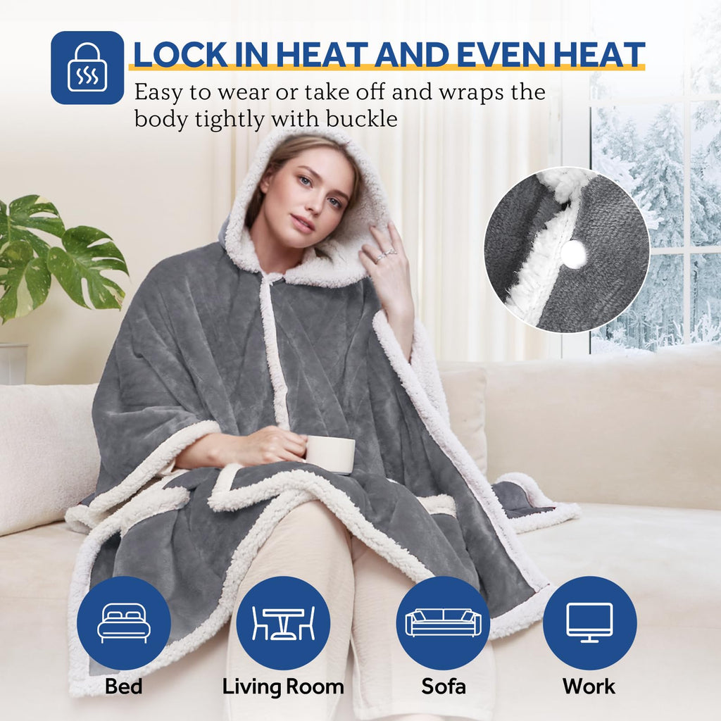 Sealy Heated Throw Wearable Shawl Wrap with Pockets, Reversible Flannel to Sherpa Electric Blanket Hoodie Poncho with 6 Heating Levels & 2-10 Hours Time Settings, 50 X 60 Inch, Pink