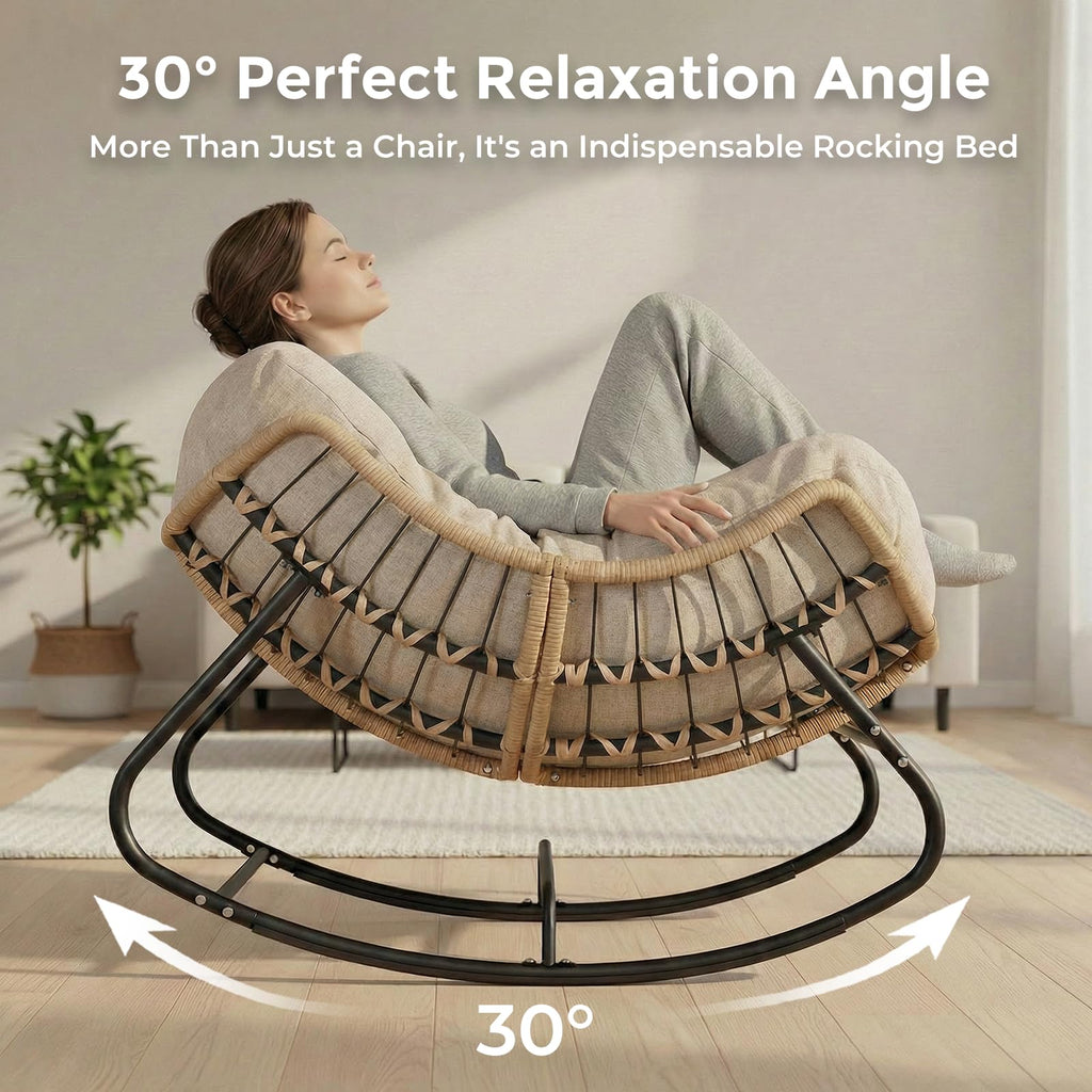 SWITTE Papasan Rocking Chair Outdoor, Oversized Patio Egg Chair with Thick Cushion, Indoor Wicker Lounge Rocker Bed for Balcony, Porch, Garden, Dark Gray