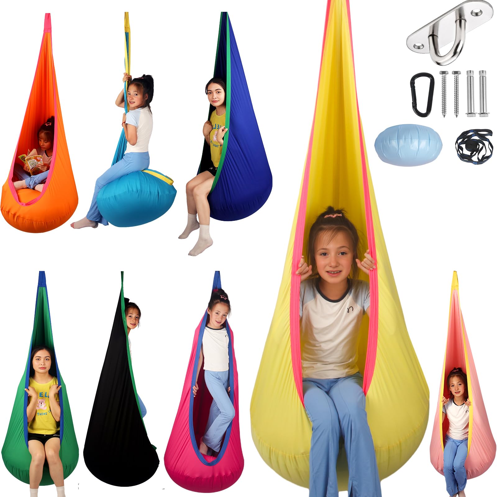 Sensory Pod Swing for Kids | Hammock Chair Seat, Inflatable Cushion, Includes Hardware Hanger Kit for Aspergers Autism ADHD