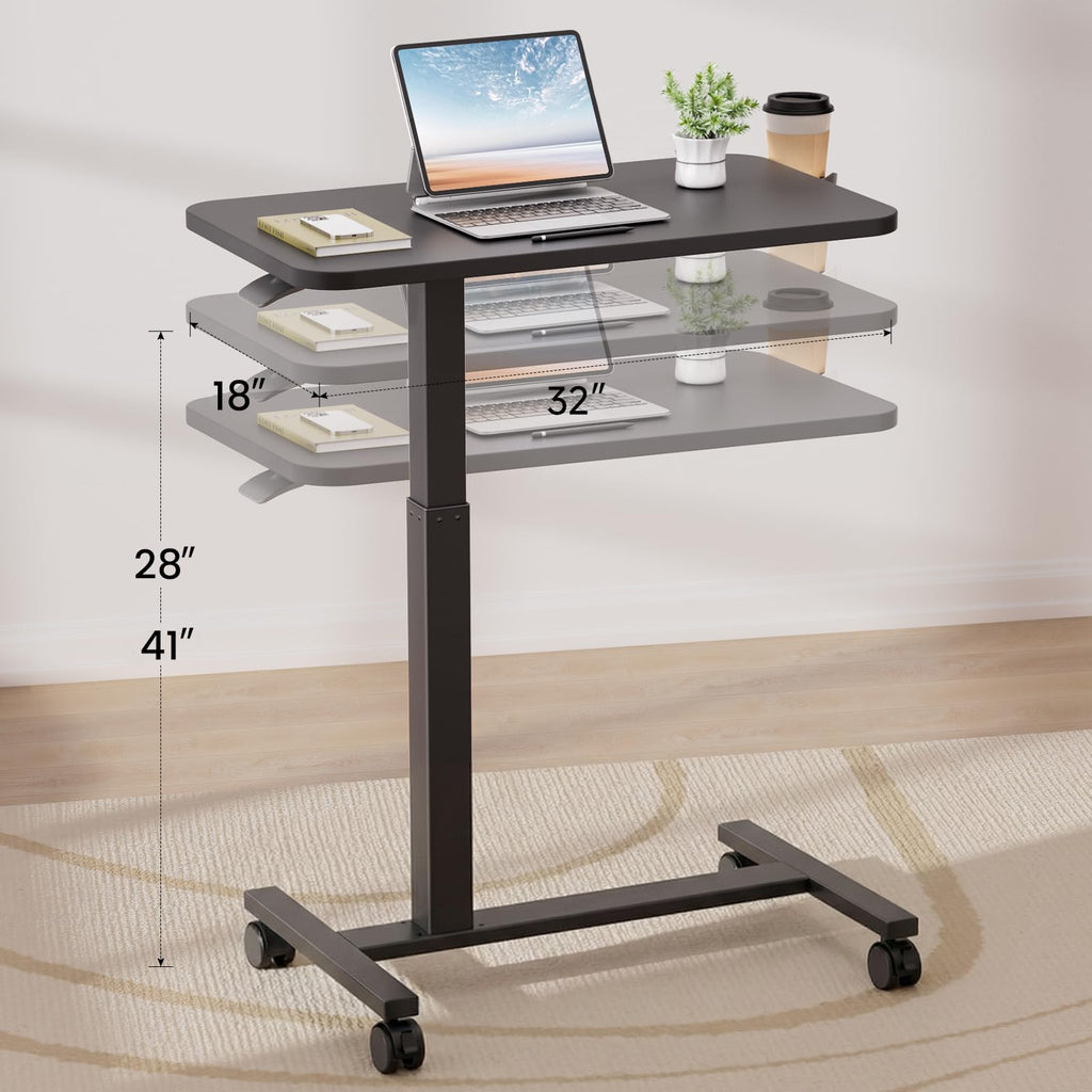 GTPLAYER Small Standing Desk with Wheels, Pneumatic Mobile Rolling Laptop Desk, Adjustable Height Overbed Bedside Table Computer Workstation for Home Office (28" W x 16" D, White)