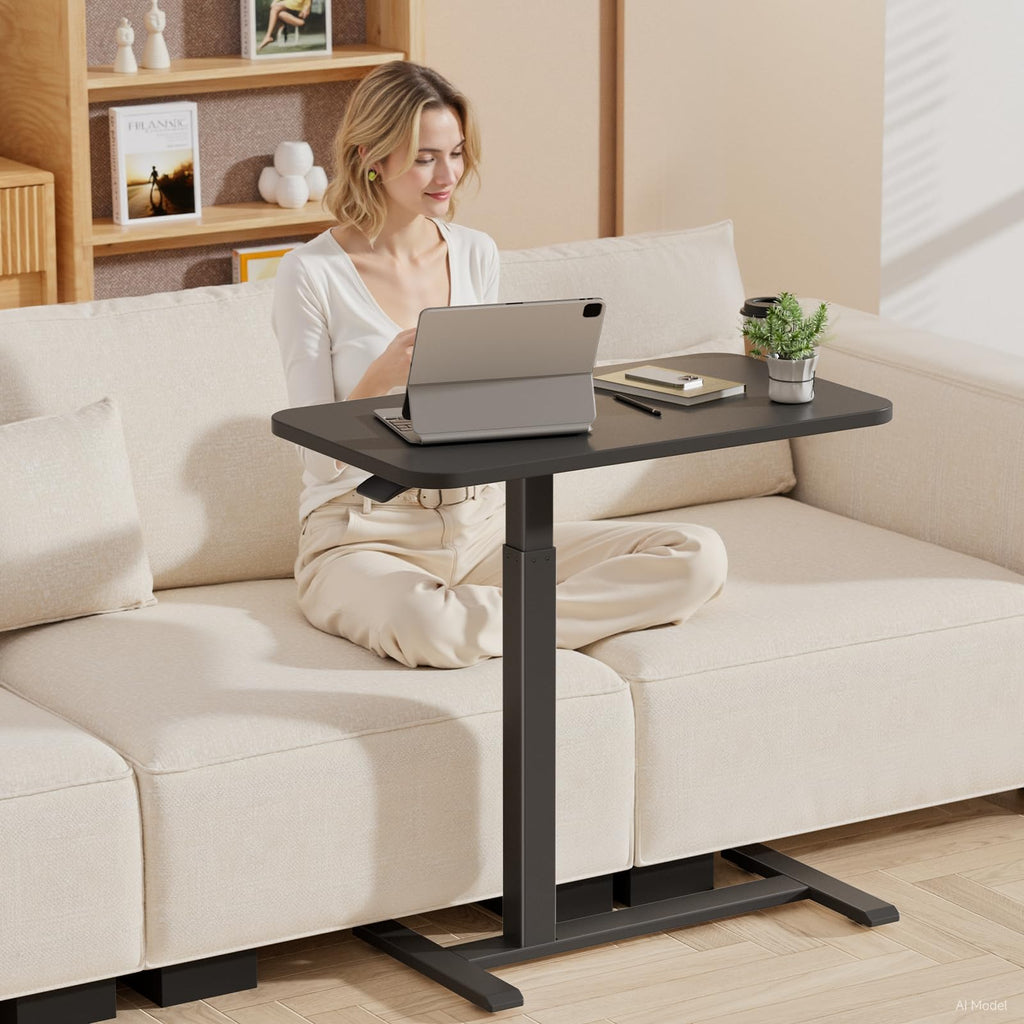 GTPLAYER Small Standing Desk with Wheels, Pneumatic Mobile Rolling Laptop Desk, Adjustable Height Overbed Bedside Table Computer Workstation for Home Office (28" W x 16" D, White)
