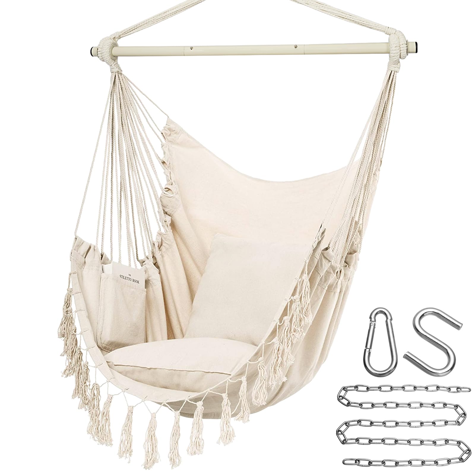 Y- STOP Hammock Chair Hanging Rope Swing Chair, Max 500 Lbs, 2 Seat Cushions Included, Removable Steel Spreader Bar with Anti-Slip Rings, Hardware kit-for Indoor Outdoor(Dark Grey)