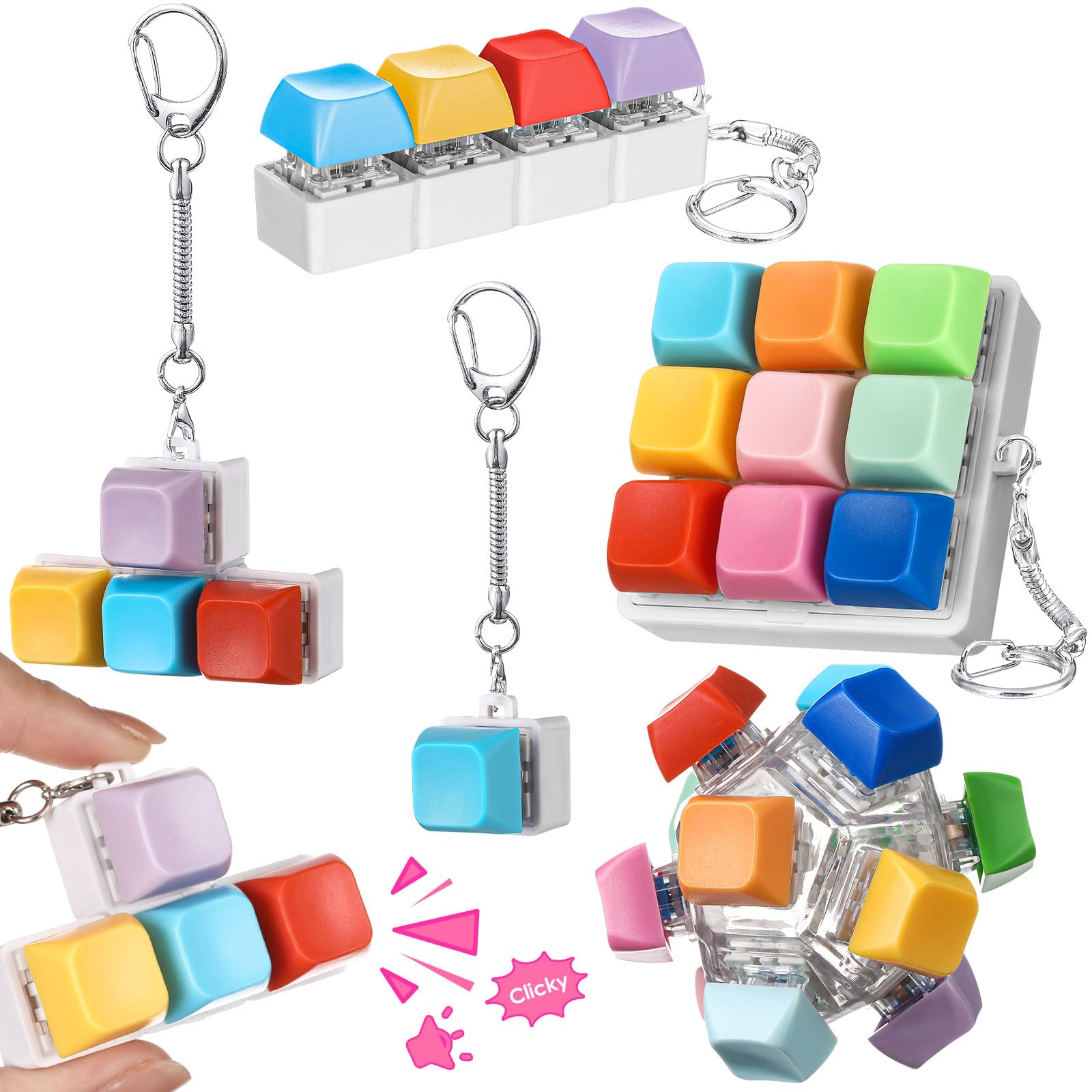 Halloscume 5 Pcs Keyboard Fidget Clicker Keychains in 5 Styles, Back to School Gift Fidget Mechanical Button Clicker Stress Relief Gift for First Day of School Office Home(Blue Purple)