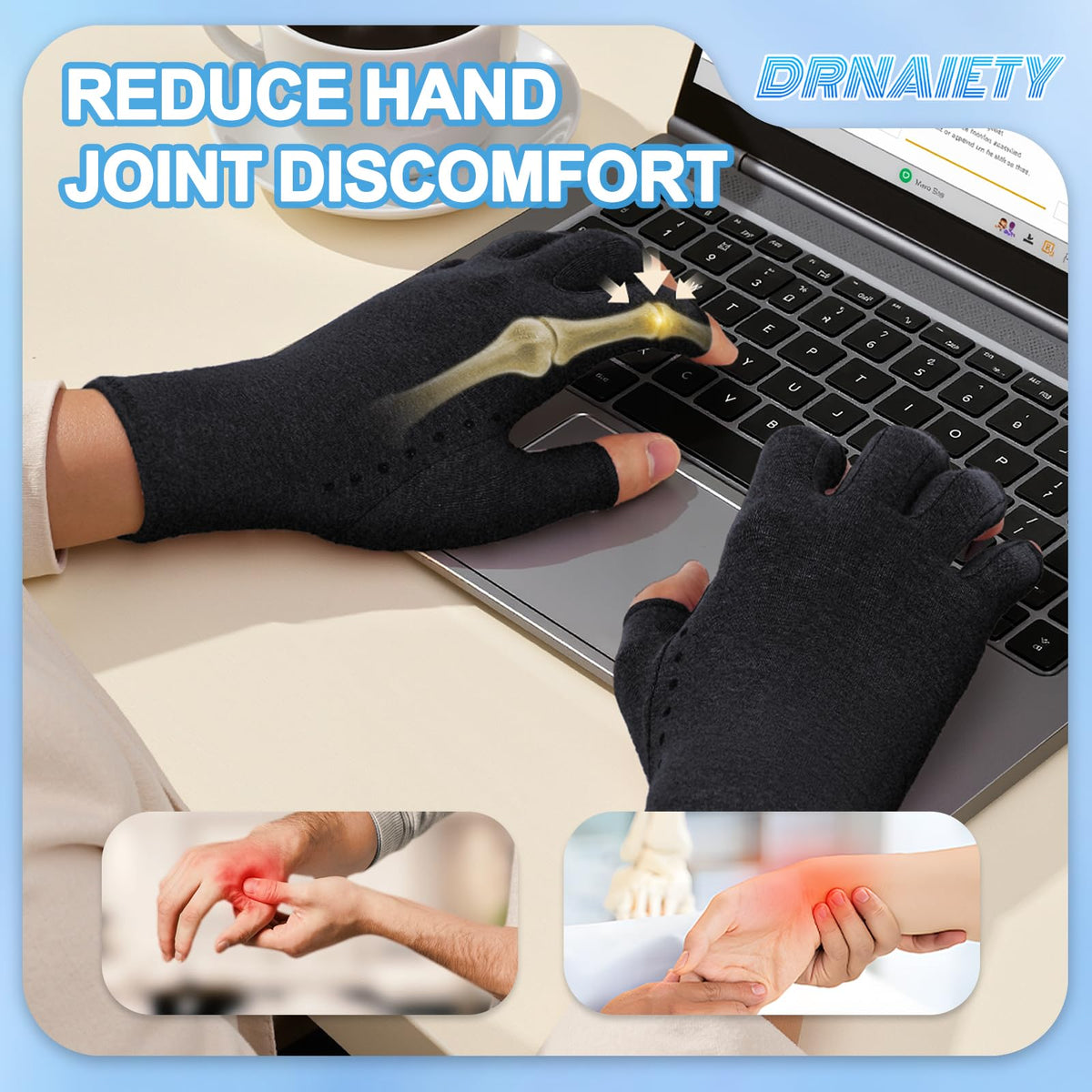 DRNAIETY 2-Pair Arthritis Compression Gloves- for Hand Arthritis, Carpal Tunnel Pain, Rheumatoid Arthritis, RSI, Fingerless, Anti-Slip, Breathable Gloves for Men & Women, Typing, Daily Use(M Brown)