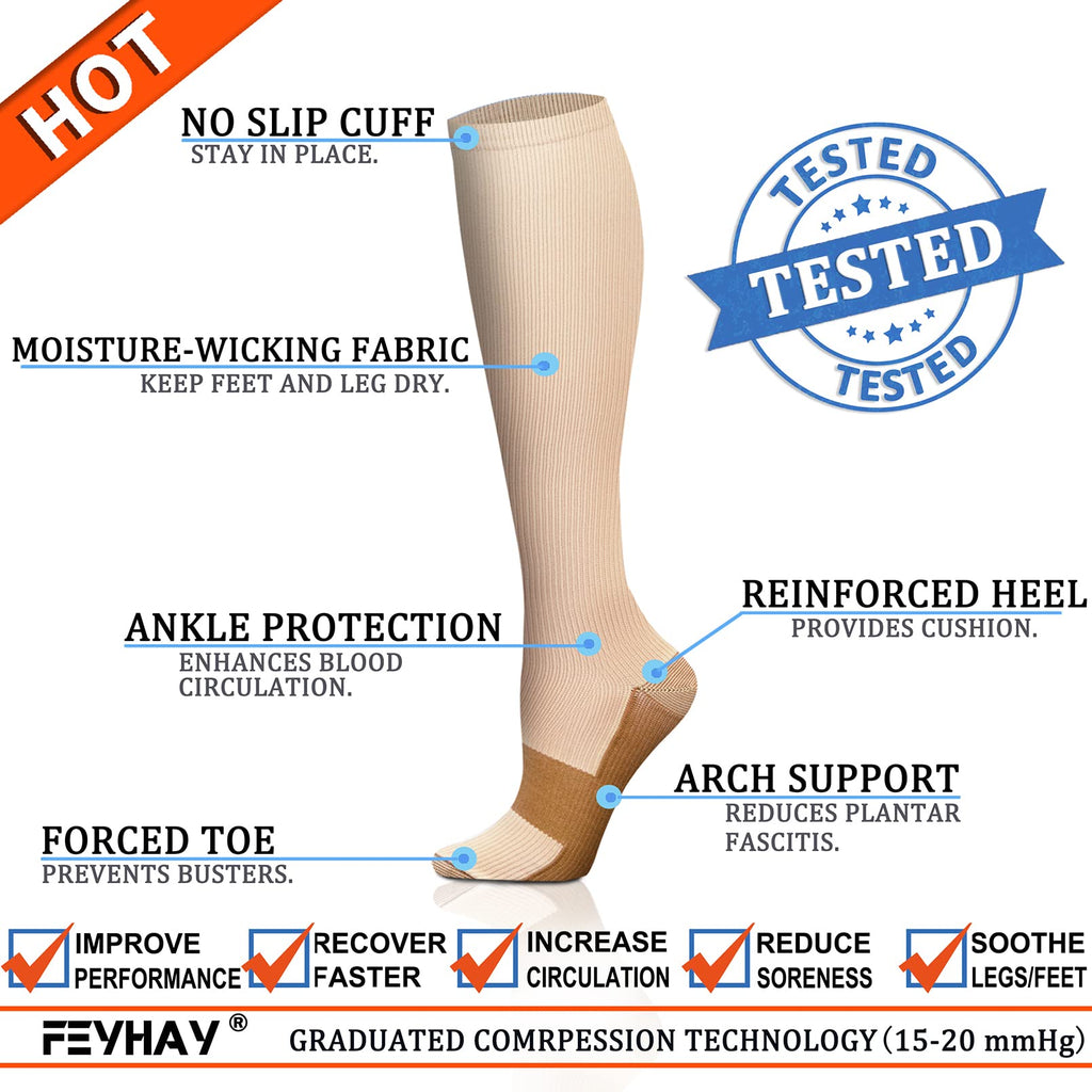 FEYHAY Copper Compression Socks (8 Pairs) 15-20 mmHg Circulation is Best Athletic & Daily for Men & Women, Running, Climbing