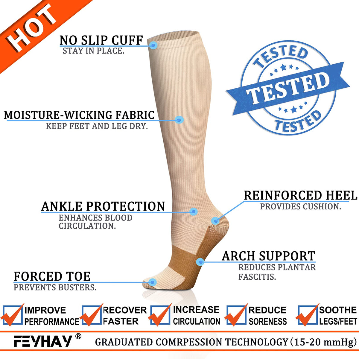 FEYHAY Copper Compression Socks (8 Pairs) 15-20 mmHg Circulation is Best Athletic & Daily for Men & Women, Running, Climbing