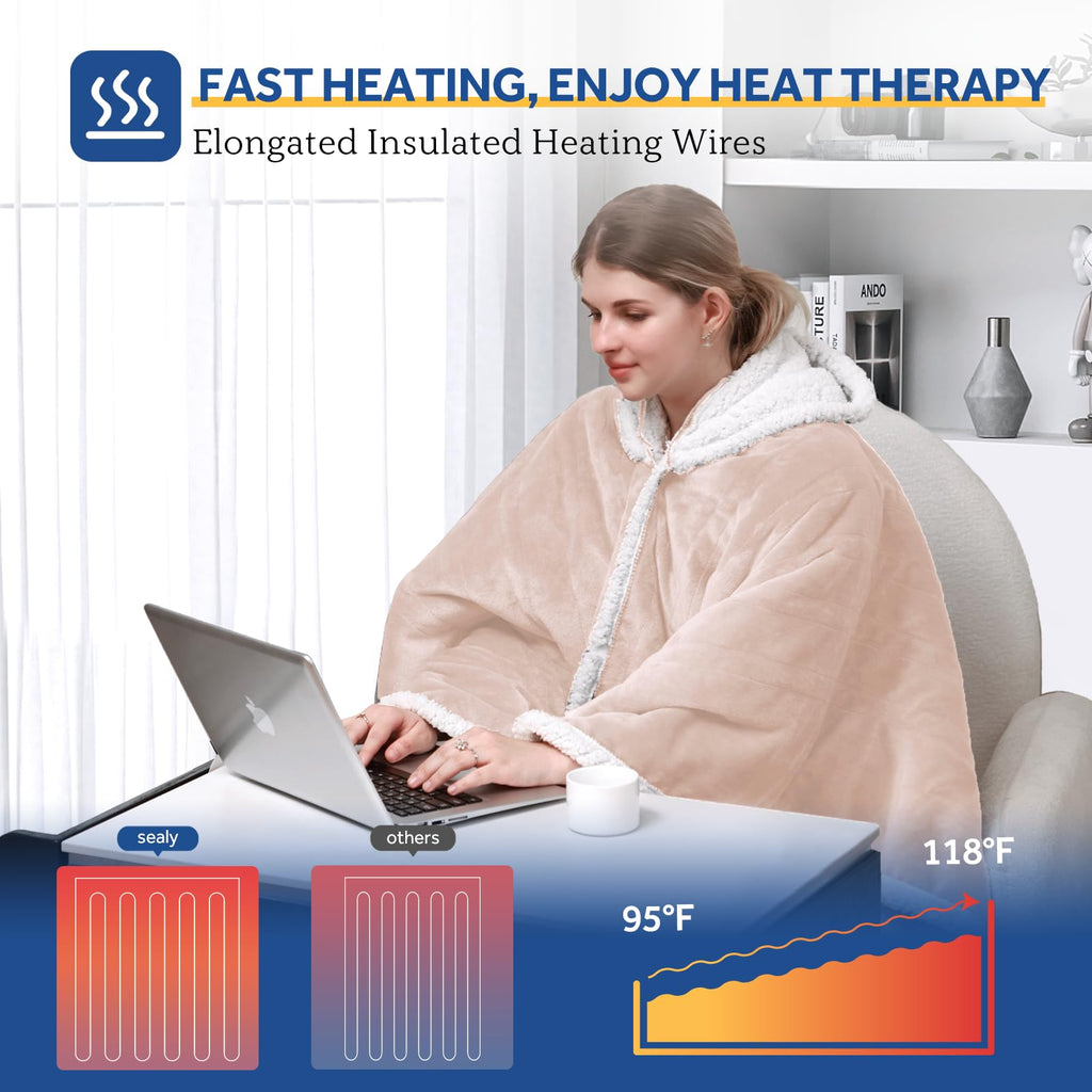 Sealy Heated Throw Wearable Shawl Wrap with Pockets, Reversible Flannel to Sherpa Electric Blanket Hoodie Poncho with 6 Heating Levels & 2-10 Hours Time Settings, 50 X 60 Inch, Pink