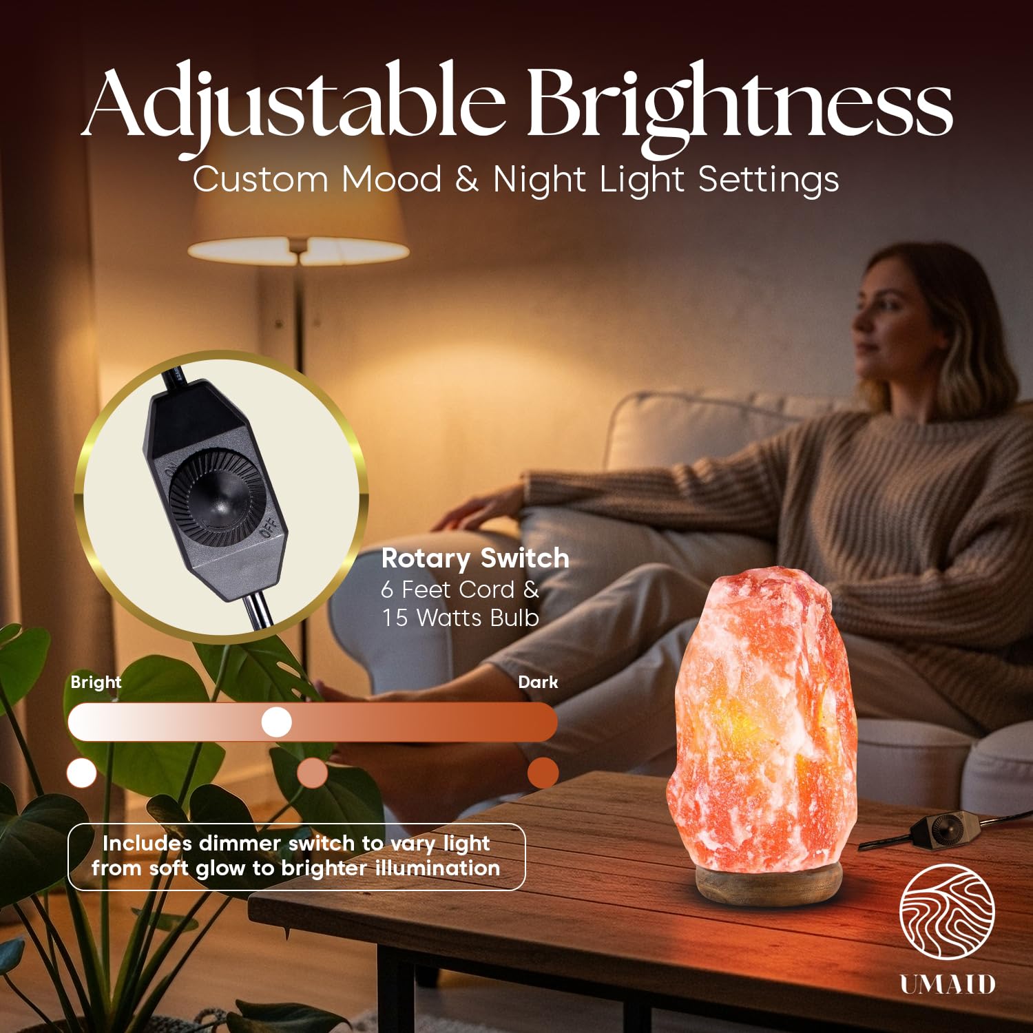 UMAID Himalayan Salt Lamp Bowl with 6 Himalayan Salt Massage Stones, Dimmable Pink Rock Salt Lamp for Bedroom, Office Desk & Meditation Room, Spa Decor, Relaxation Home Decor Gifts for Men & Women
