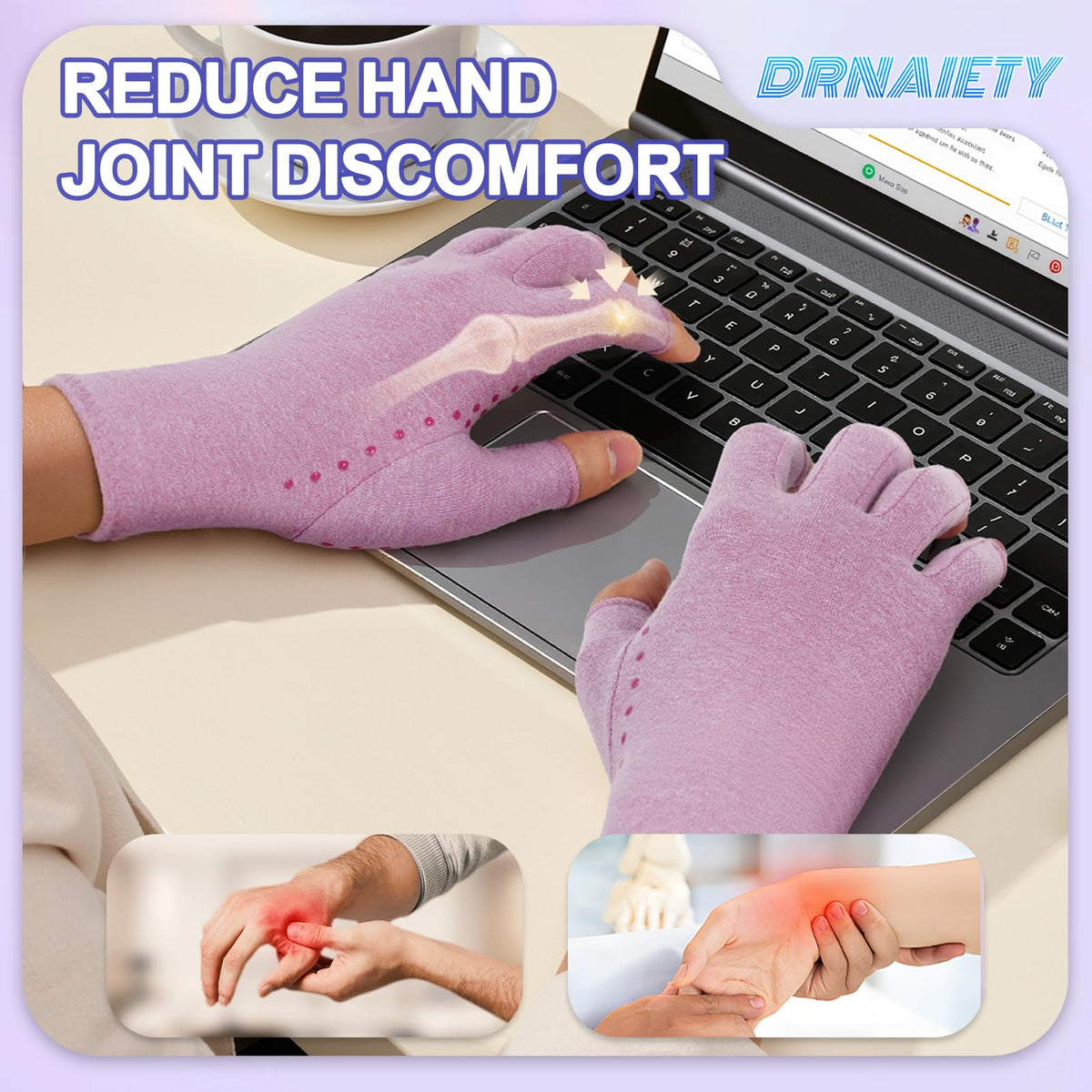 DRNAIETY 2-Pair Arthritis Compression Gloves- for Hand Arthritis, Carpal Tunnel Pain, Rheumatoid Arthritis, RSI, Fingerless, Anti-Slip, Breathable Gloves for Men & Women, Typing, Daily Use(M Brown)