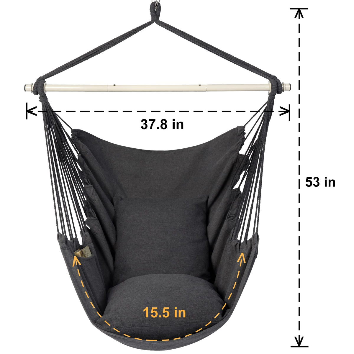 Y- STOP Hammock Chair Hanging Rope Swing Chair, Max 500 Lbs, 2 Seat Cushions Included, Removable Steel Spreader Bar with Anti-Slip Rings, Hardware kit-for Indoor Outdoor(Dark Grey)