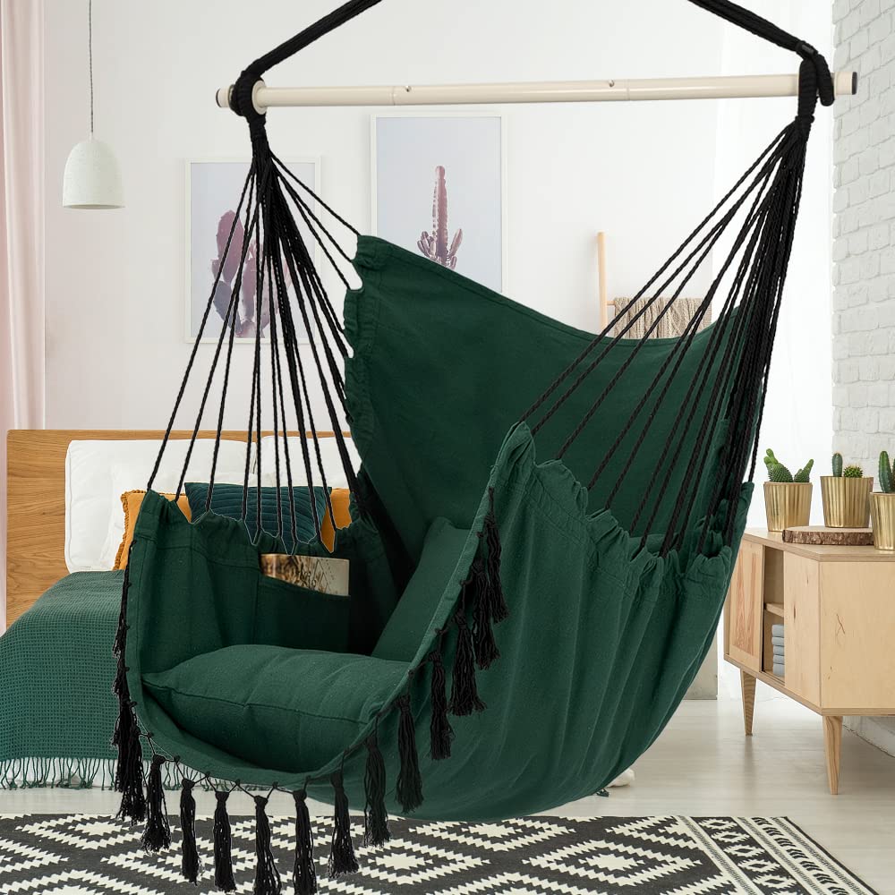Y- STOP Hammock Chair Hanging Rope Swing Chair, Max 500 Lbs, 2 Seat Cushions Included, Removable Steel Spreader Bar with Anti-Slip Rings, Hardware kit-for Indoor Outdoor(Dark Grey)