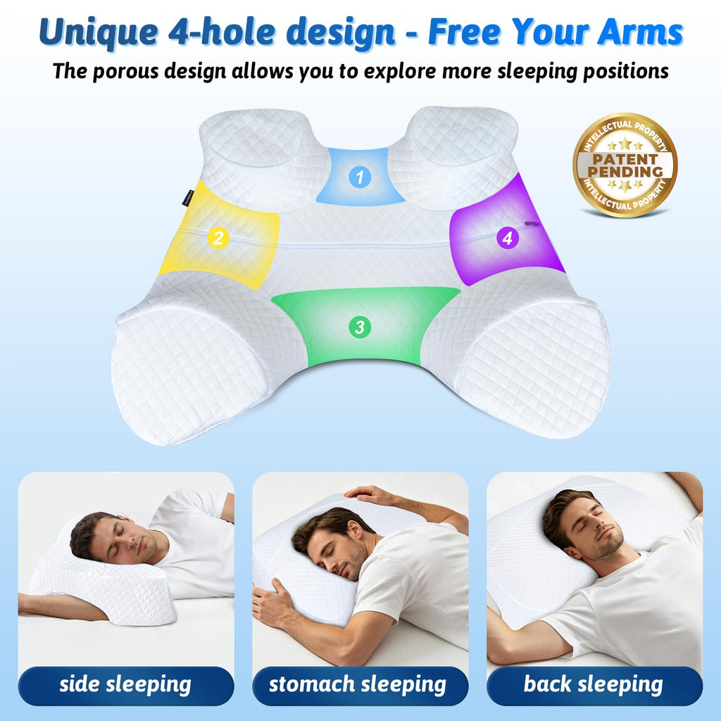 Side Sleeper Pillow with Arm Hole, Shoulder Relief System, Arm Pillow for Neck and Shoulder Pain, Premium Memory Foam, Suitable for Side, Back and Stomach Sleepers - Grey, 6in Height