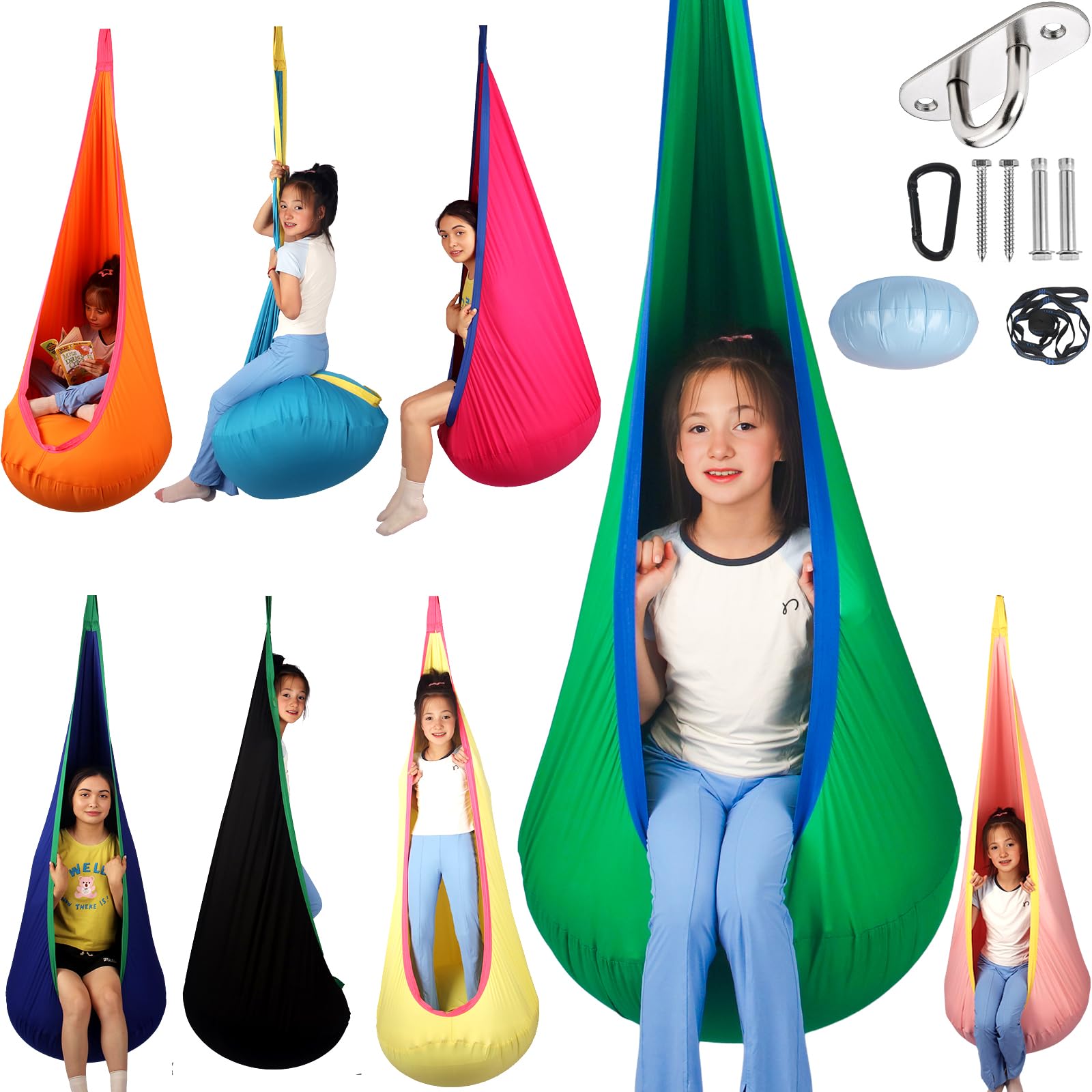 Sensory Pod Swing for Kids | Hammock Chair Seat, Inflatable Cushion, Includes Hardware Hanger Kit for Aspergers Autism ADHD