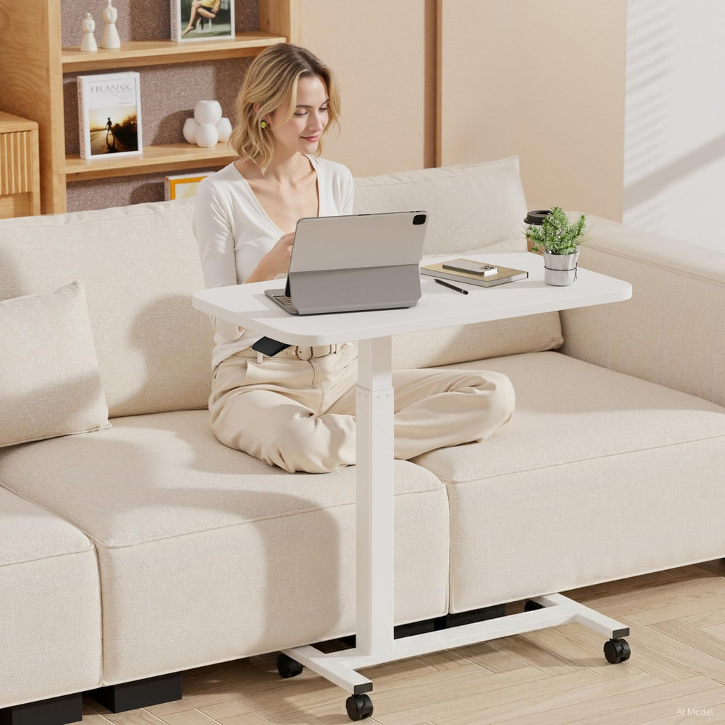 GTPLAYER Small Standing Desk with Wheels, Pneumatic Mobile Rolling Laptop Desk, Adjustable Height Overbed Bedside Table Computer Workstation for Home Office (28" W x 16" D, White)