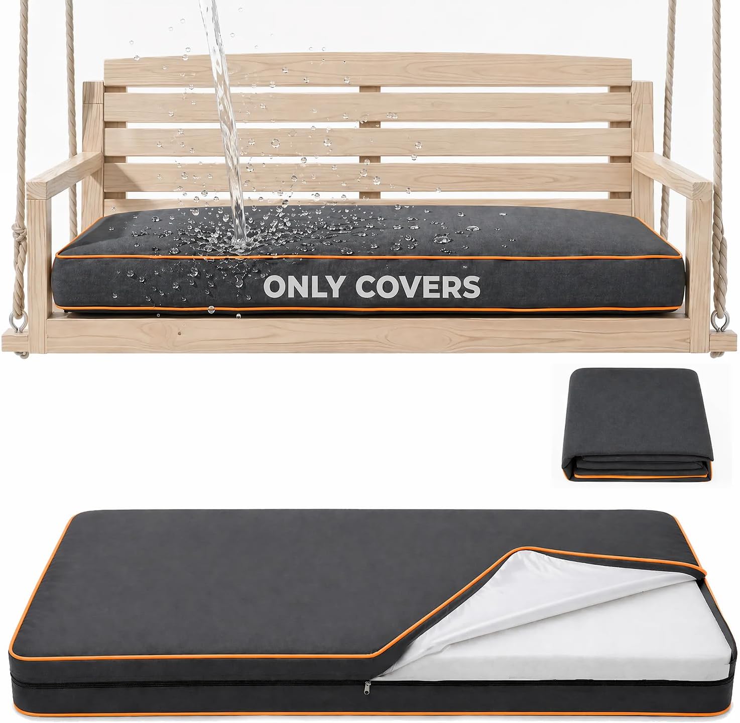 Twin Size Outdoor Daybed Swing Cushion Cover,Patio Porch Twin Mattress Bolster Pillow Fitted Sheet Cover Waterproof for Outdoor Hanging Porch Swing Bed (6, Dark Gray-White Piping)
