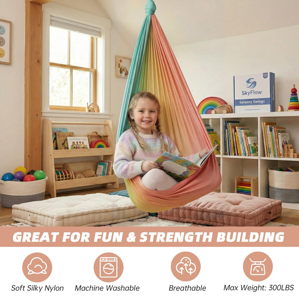 Aokitec Sensory Swing for Kids with Special Needs, Indoor Kids Swing Cuddle Hammock Chair Adjustable Aerial Swing for Children with Autism, ADHD, Asperger, Sensory Integration(Blue)