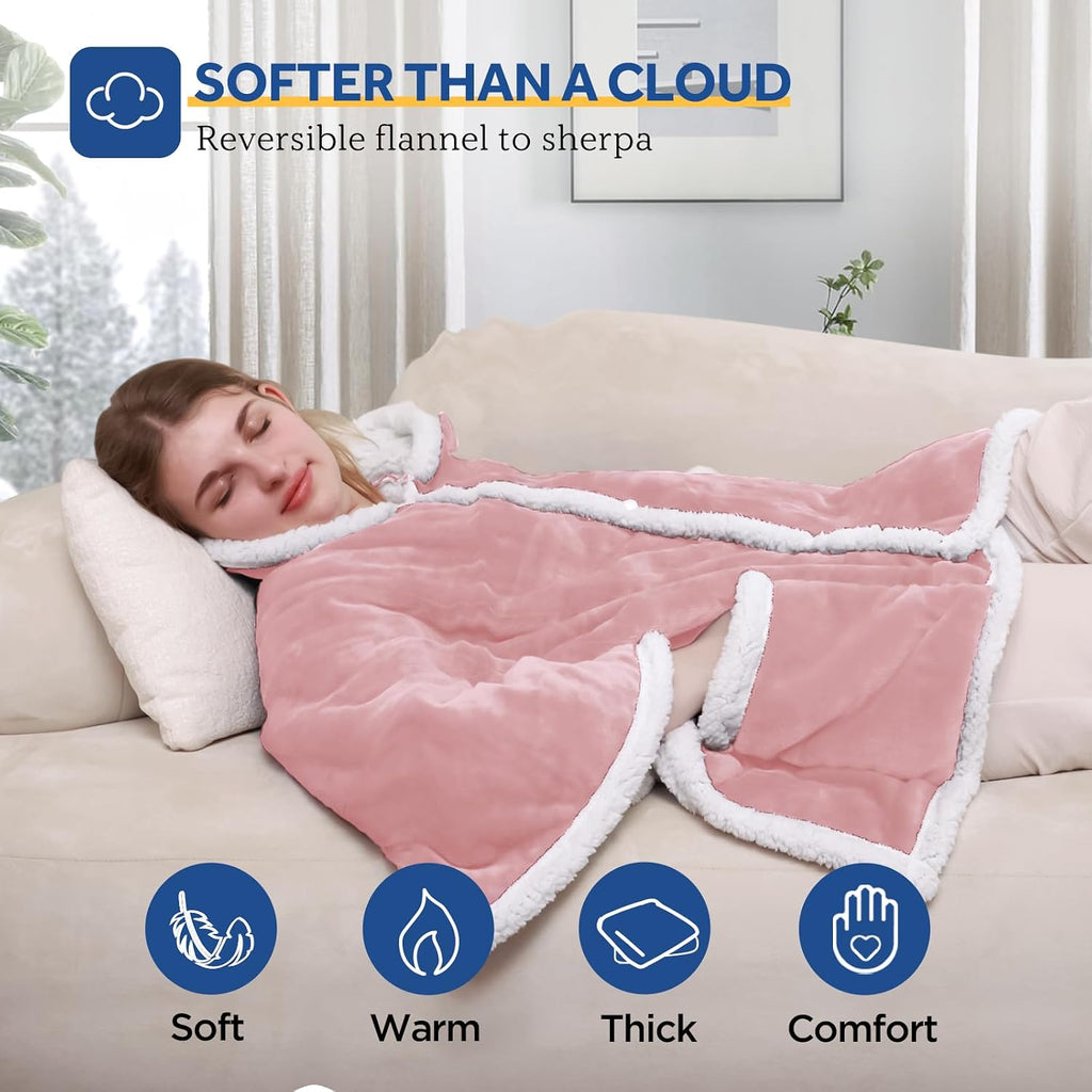 Sealy Heated Throw Wearable Shawl Wrap with Pockets, Reversible Flannel to Sherpa Electric Blanket Hoodie Poncho with 6 Heating Levels & 2-10 Hours Time Settings, 50 X 60 Inch, Pink