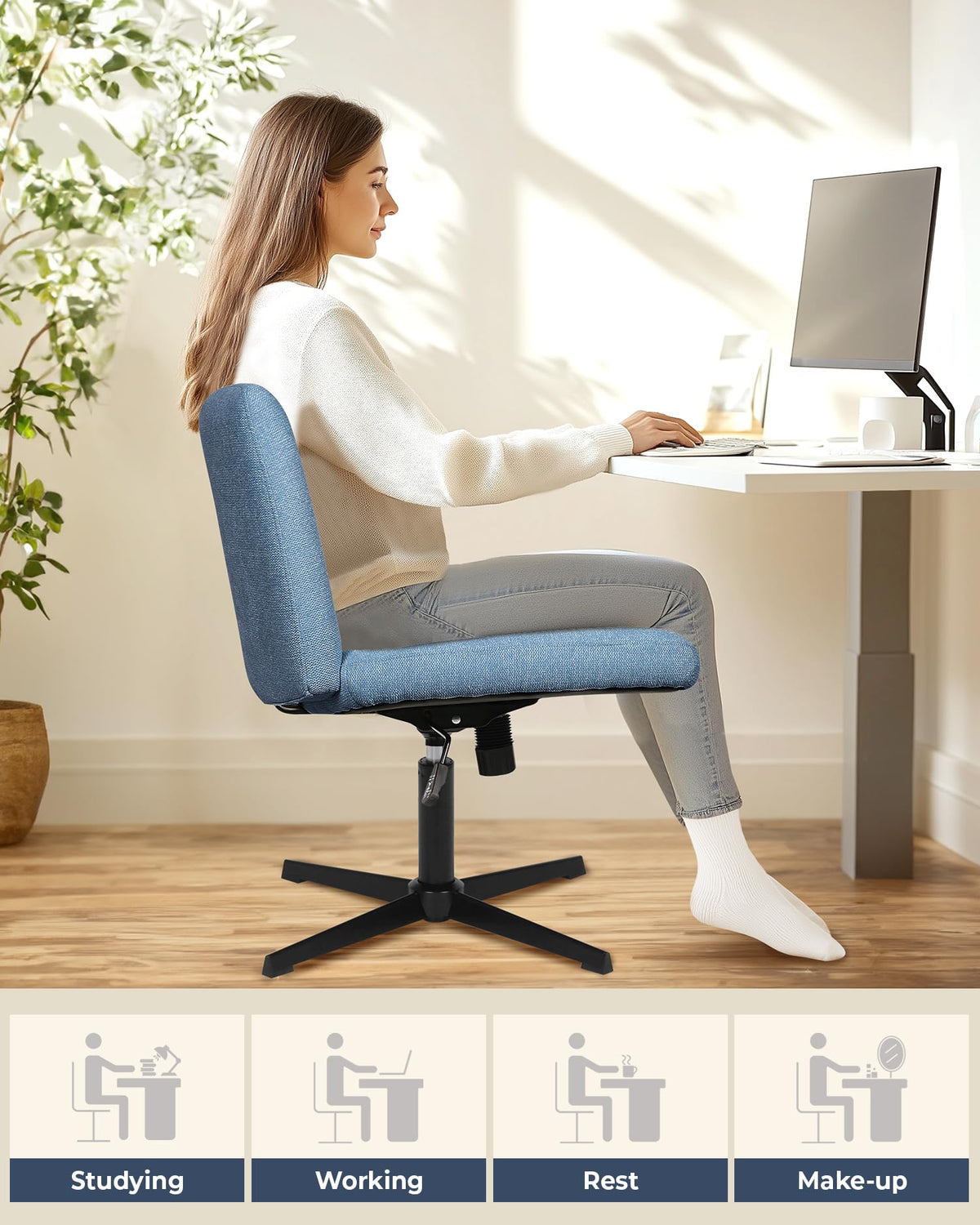 NEO CHAIR Criss Cross Chair with Wheels Home Office Cross Legged Armless Chairs Adjustable Computer Desk Wide Seat for Bedroom Vanity Comfy Swivel (Teddy White)