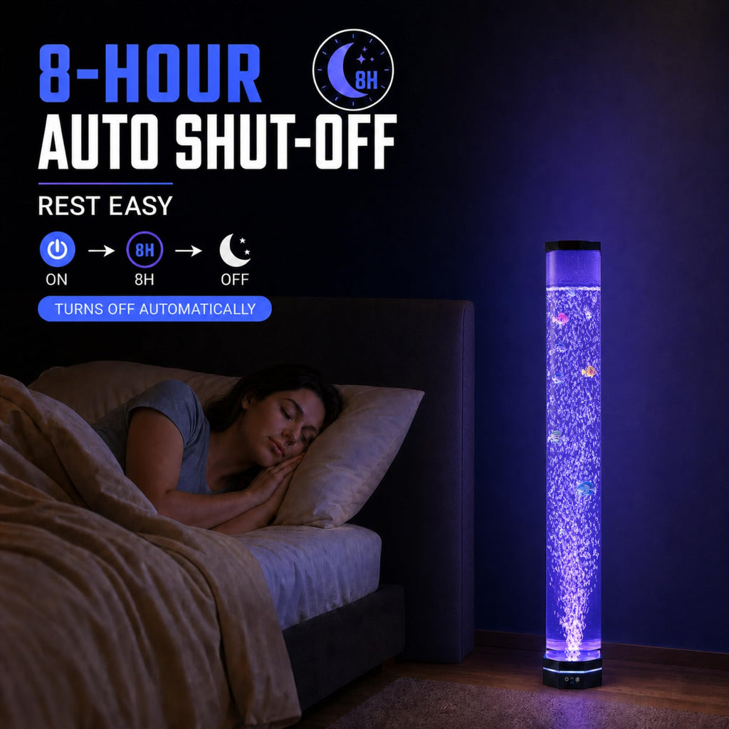 4FT Sensory Bubble Lamp, 9 Floating Fish, 16 Color LED | Remote control, 120mm extra-wide tube, 3-speed bubbles; for bedroom, living room, office and sensory room