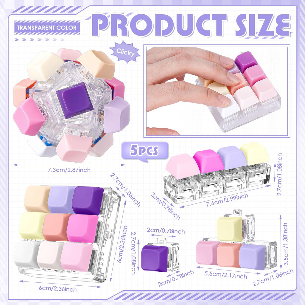 Halloscume 5 Pcs Keyboard Fidget Clicker Keychains in 5 Styles, Back to School Gift Fidget Mechanical Button Clicker Stress Relief Gift for First Day of School Office Home(Blue Purple)