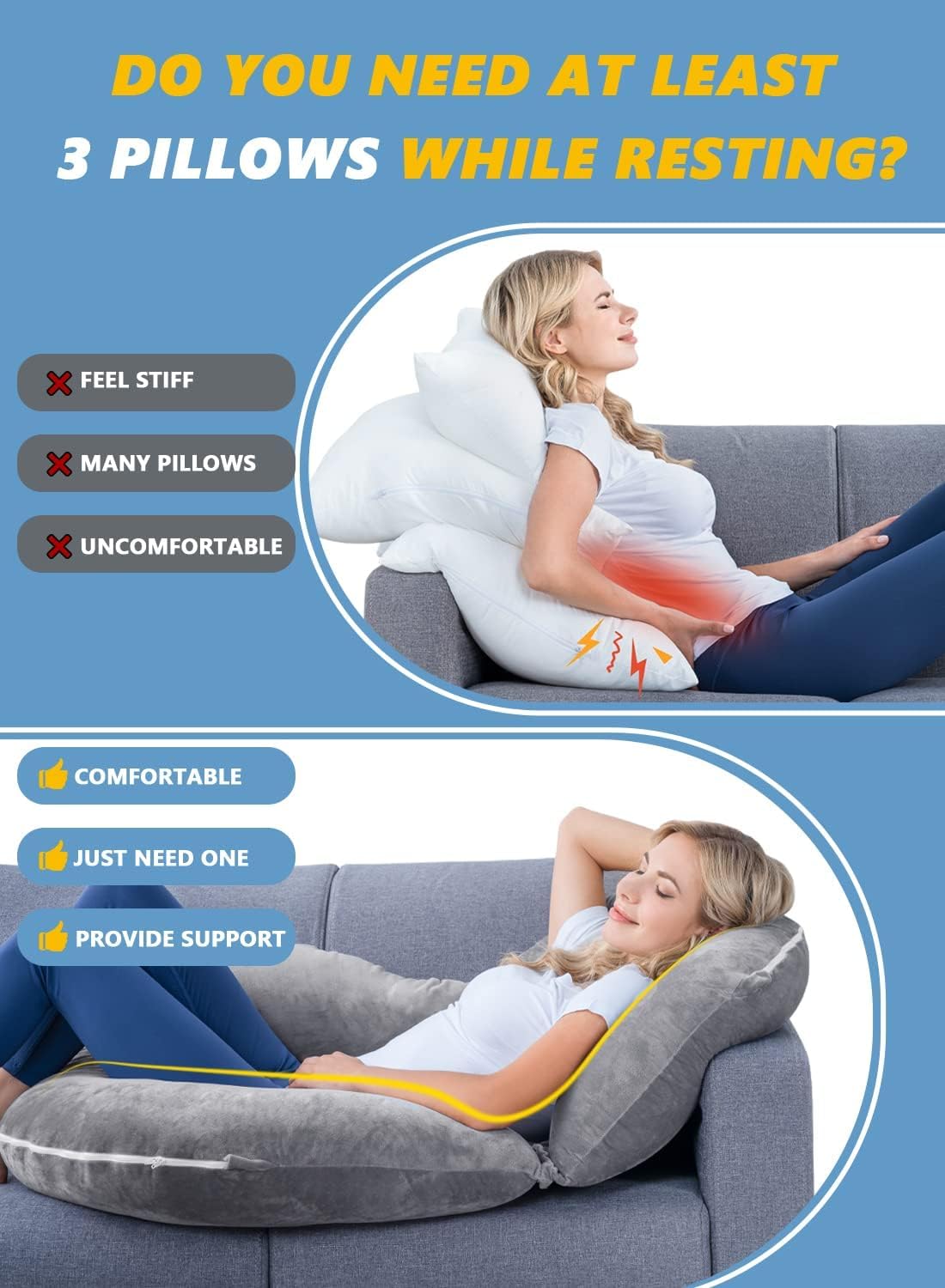 INSEN Reading Pillow, Back Pillow for Sitting in Bed for Reading, Nurse & Relax, Reading Pillow for Adults, Moms & Kids, Sit Up Pillow for Bed (Grey, 45in)