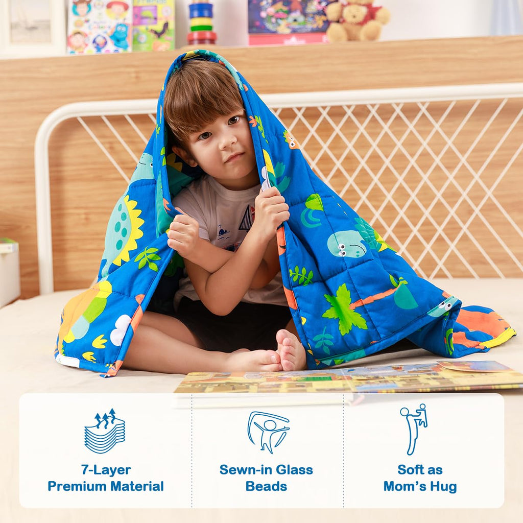 Sivio Weighted Blanket - All-Natural 100% Cotton Weighted Blanket 5 lbs 36 x 48 inches, Washable Breathable Heavy Blanket for Calm Sleeping for Home and School Nap, Blue Dinosaur