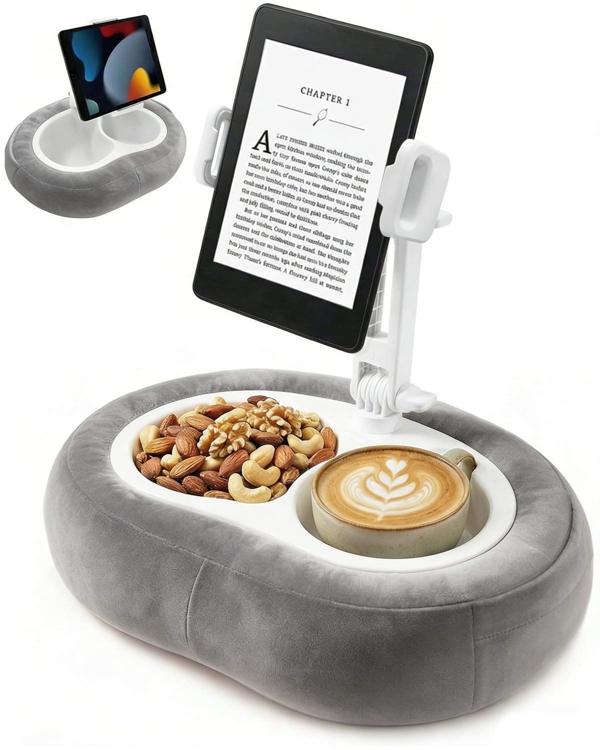 Miledi Tablet Pillow Stand for Bed with 360° Rotating Holder, Pink | Compatible with Kindle, iPad, Phone and Tablet 5" to 12.9", Soft Plush Fabric, with 2 Snack Bowls, for Reading and Relaxing