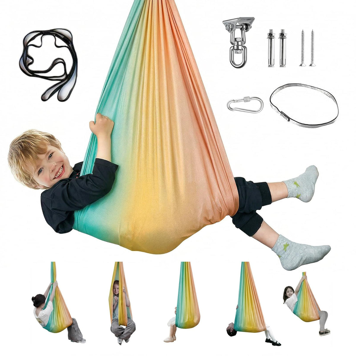 Aokitec Sensory Swing for Kids with Special Needs, Indoor Kids Swing Cuddle Hammock Chair Adjustable Aerial Swing for Children with Autism, ADHD, Asperger, Sensory Integration(Blue)