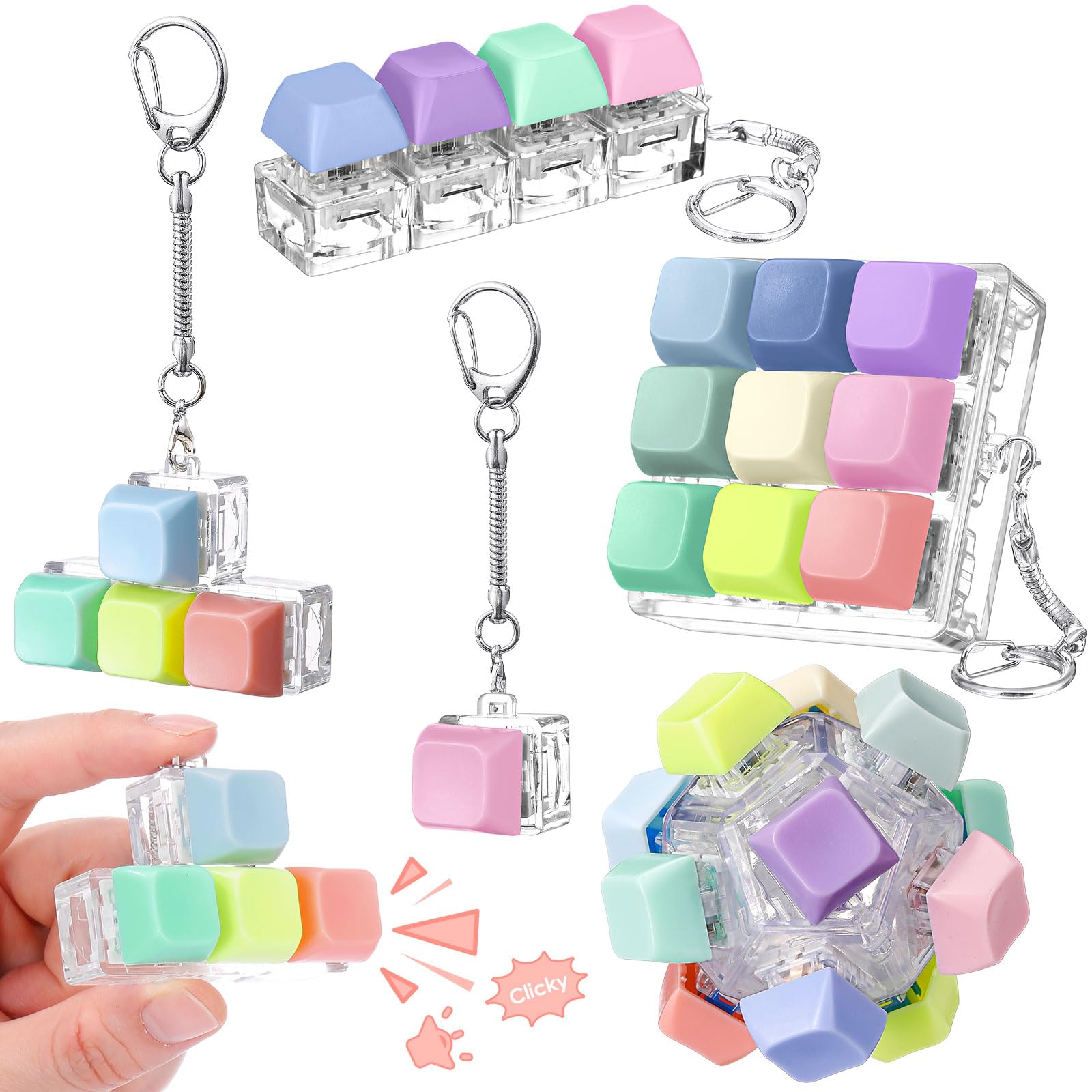 Halloscume 5 Pcs Keyboard Fidget Clicker Keychains in 5 Styles, Back to School Gift Fidget Mechanical Button Clicker Stress Relief Gift for First Day of School Office Home(Blue Purple)