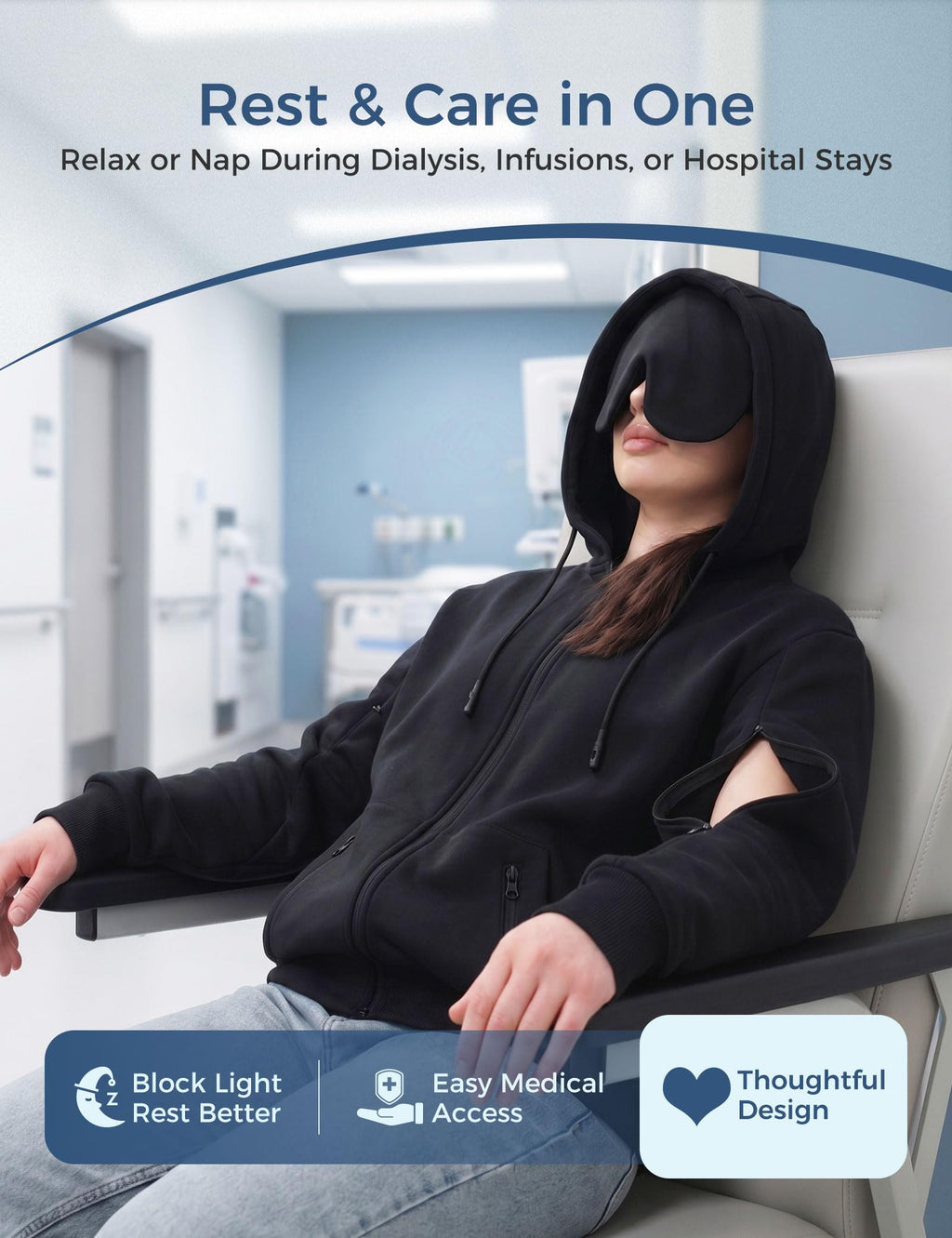 Dialysis Hoodie with Built-In Eye Mask Two Way Arm Zippers for Port Access Dialysis Sweatshirts