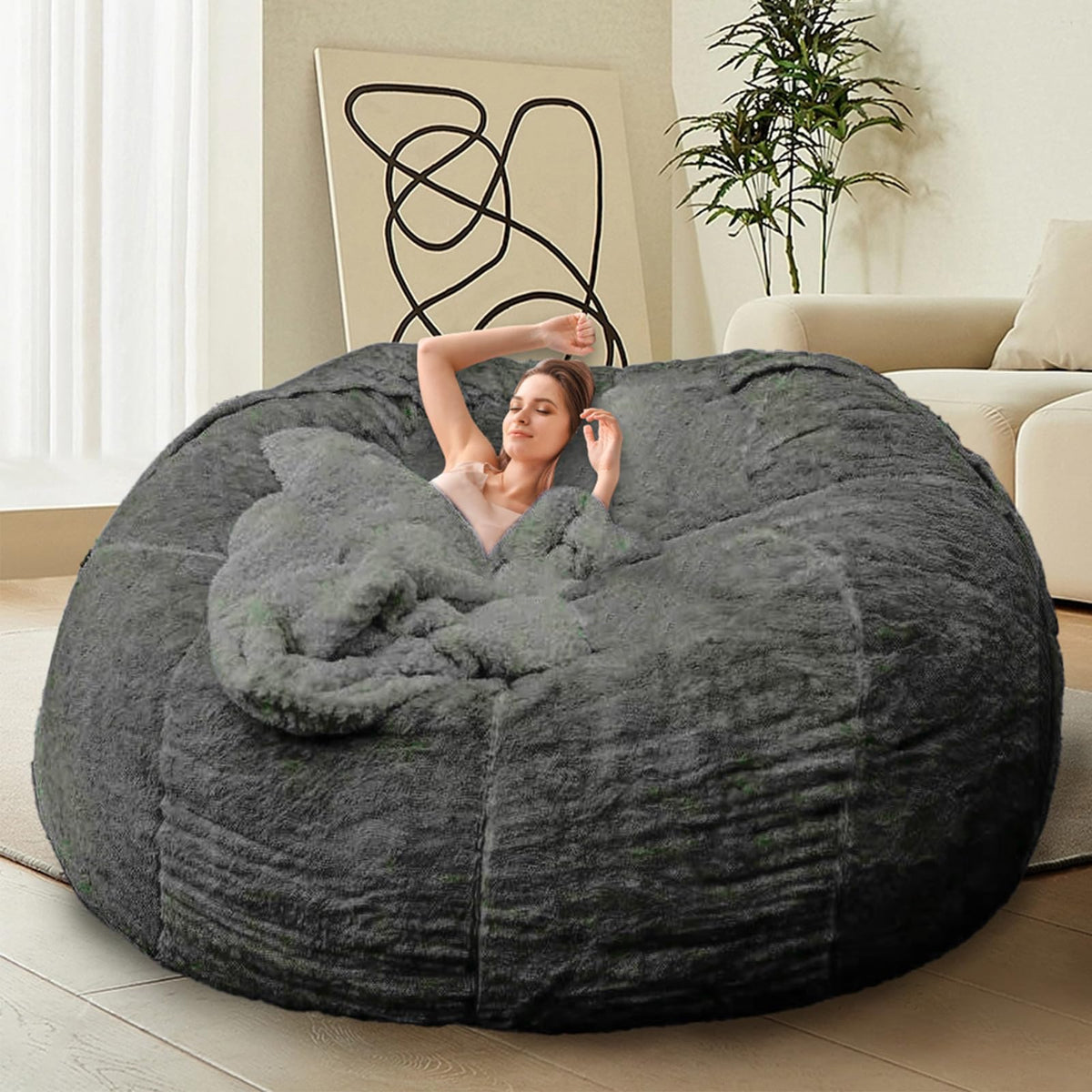 HDMLDP Bean Bag Chair for Adults Kids Without Filling Comfy Fluffy Giant Round Beanbag Lazy Sofa Cover for Reading Chair Floor Chair, 6FT, Grey