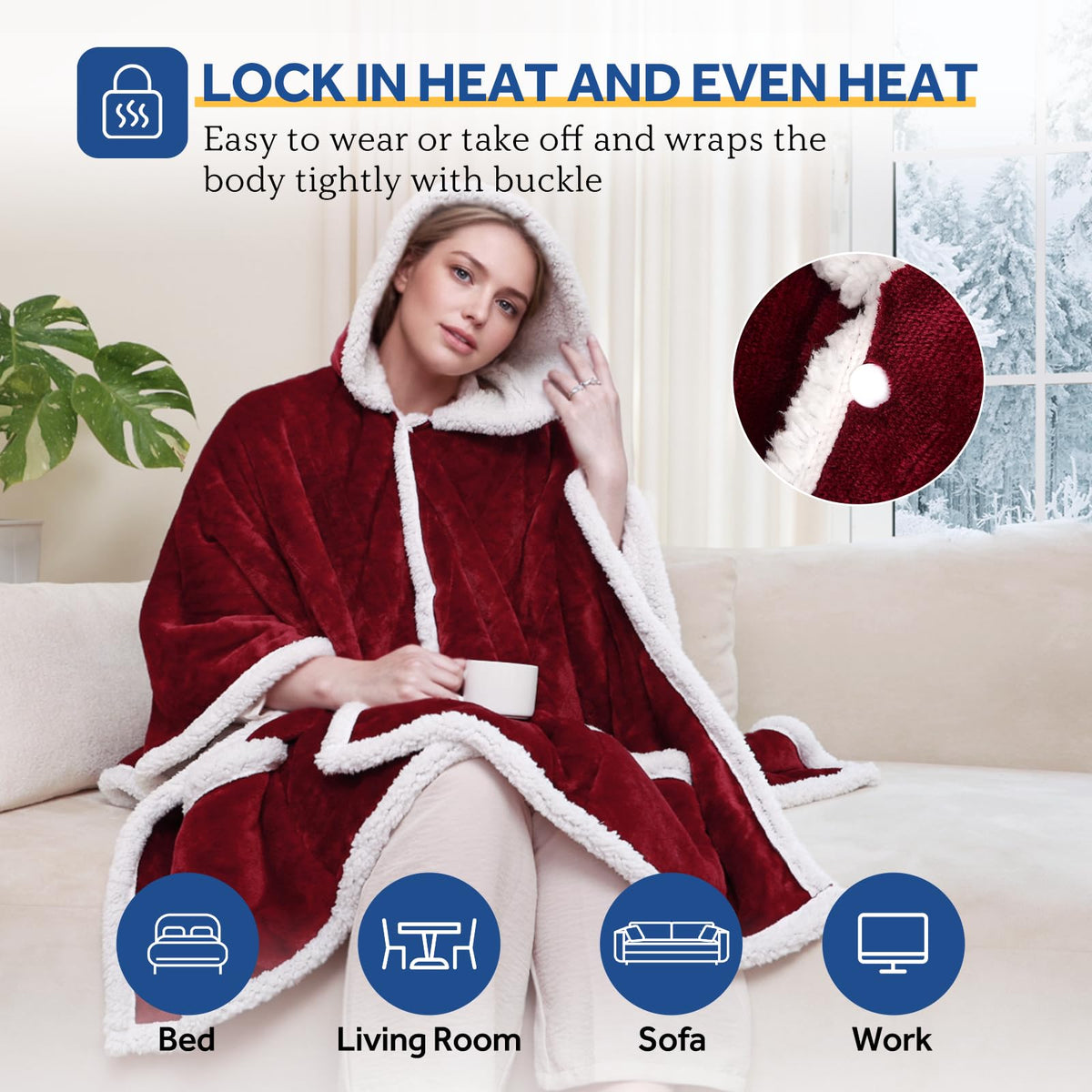 Sealy Heated Throw Wearable Shawl Wrap with Pockets, Reversible Flannel to Sherpa Electric Blanket Hoodie Poncho with 6 Heating Levels & 2-10 Hours Time Settings, 50 X 60 Inch, Pink