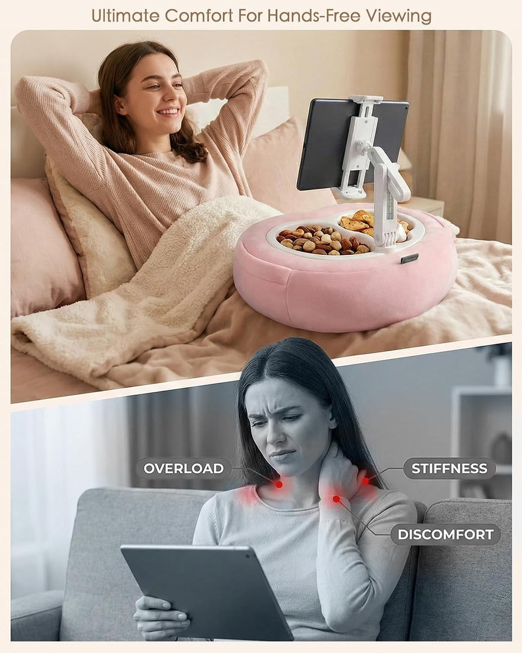 Miledi Tablet Pillow Stand for Bed with 360° Rotating Holder, Pink | Compatible with Kindle, iPad, Phone and Tablet 5" to 12.9", Soft Plush Fabric, with 2 Snack Bowls, for Reading and Relaxing