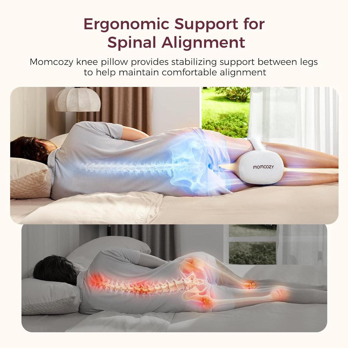 Momcozy Knee Pillow for Side Sleepers, Soft Memory Foam & Pinch-Free Design, Relieve Knee, Leg and Sciatica Pain, Adjustable Elastic Strap Ideal for Pregnant Women and Seniors, White