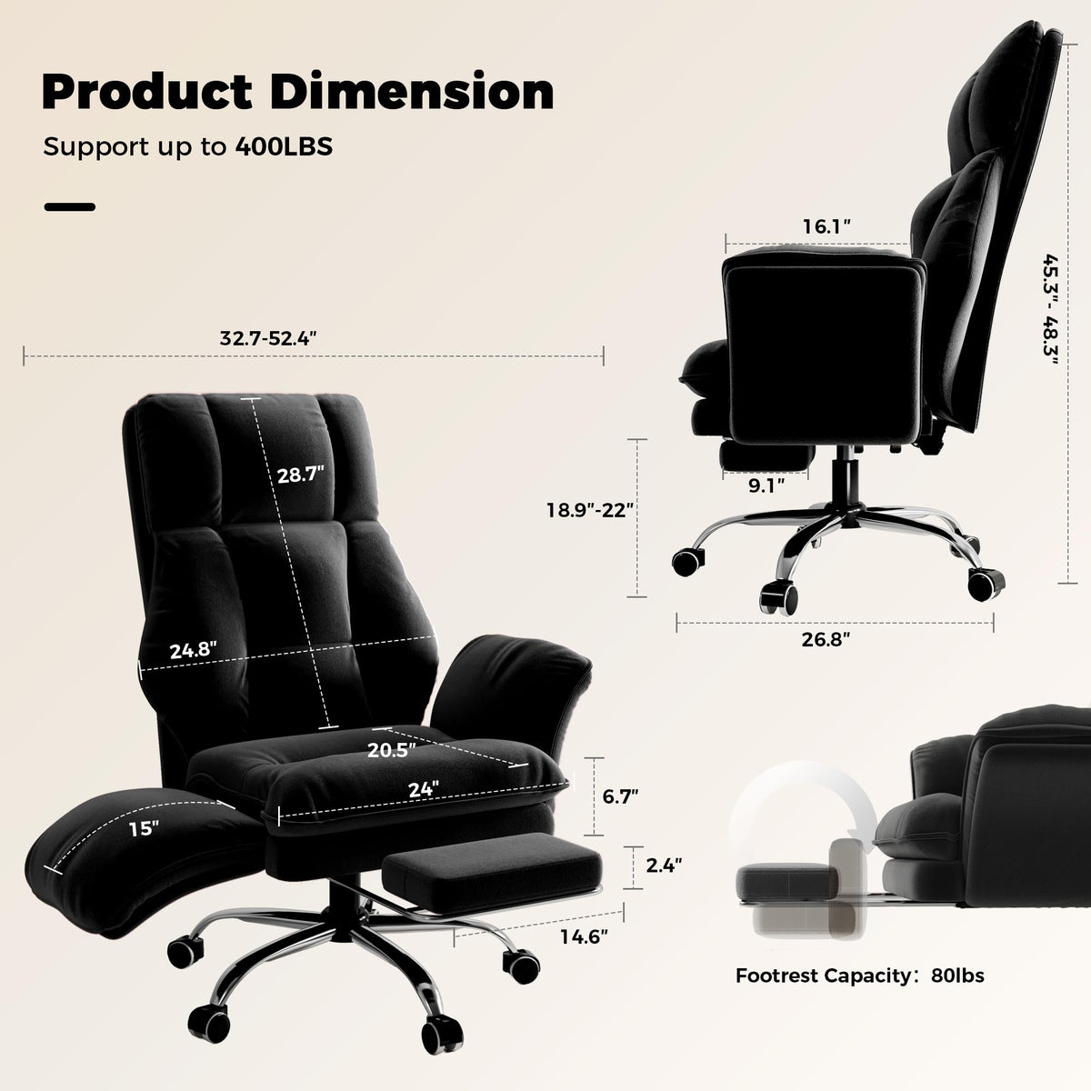 Big and Tall Office Chair, Flip Armrests for Pets & Cross Legged Sitting, Executive Ergonomic Computer Gaming Chair with Foot Rest, Premium Tech Fabric Wide Seat Reclining Desk Chair