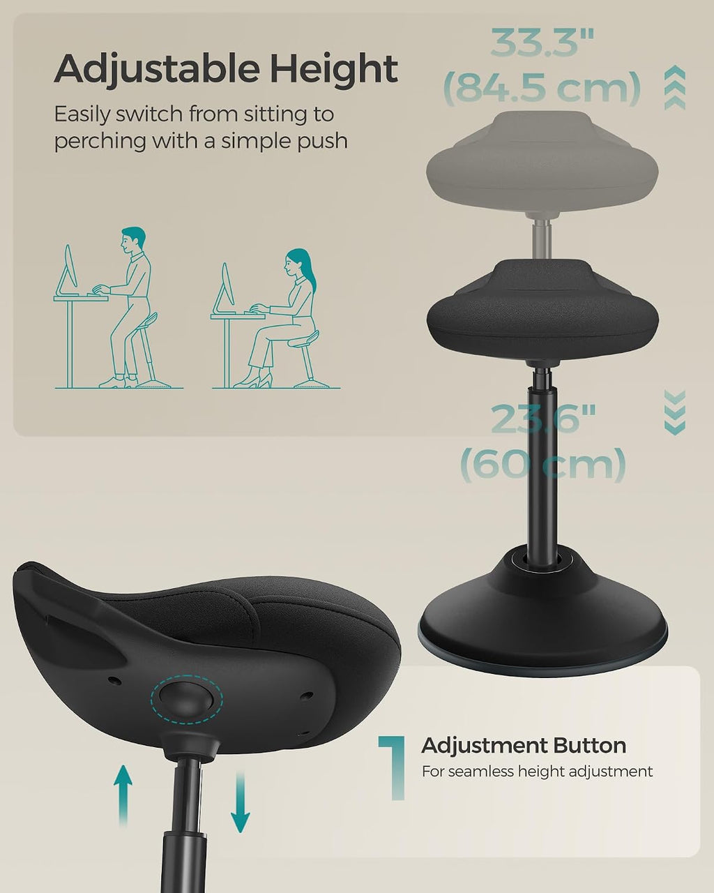 SONGMICS Ergonomic Wobble Stool, Height Adjustable Standing Desk Stool 23.6-33.3 Inches, Swivel Balance Chair with Non-Slip Base, Standing Chair, for Active Sitting, Office, Home, Ink Black UOSC02BK