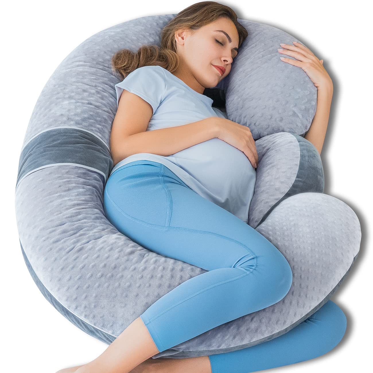 QUEEN ROSE Cooling Pregnancy Pillows, E Shaped Maternity Pillow for Sleeping, with Extra Wedge Pillow for Belly Support, 60 Inch Full Body Pillow, Pink