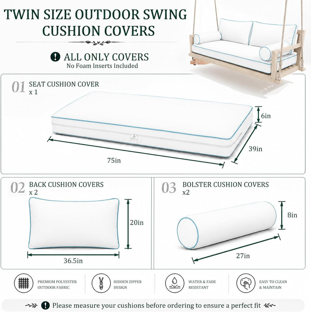 Twin Size Outdoor Daybed Swing Cushion Cover,Patio Porch Twin Mattress Bolster Pillow Fitted Sheet Cover Waterproof for Outdoor Hanging Porch Swing Bed (6, Dark Gray-White Piping)