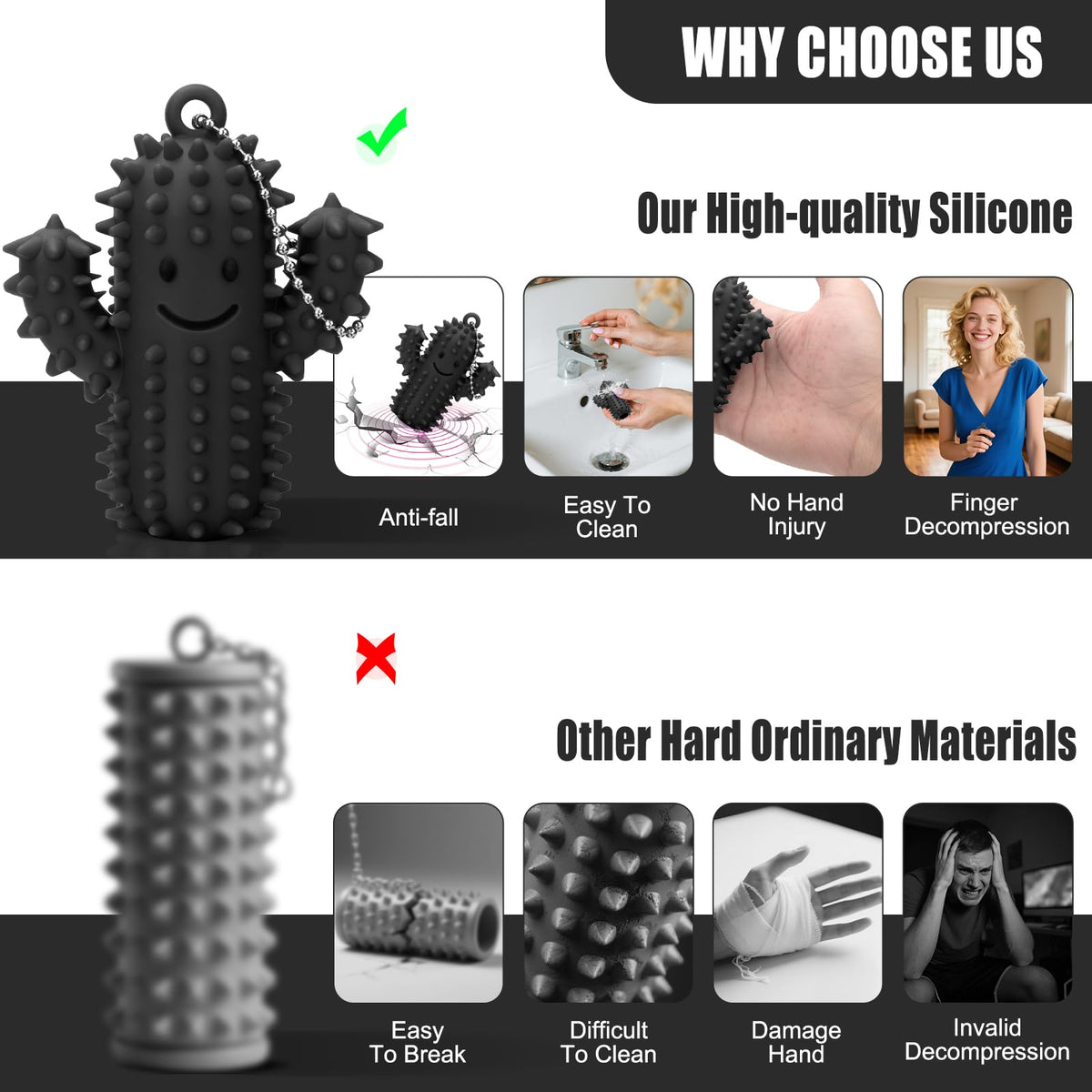 2Pcs Little Ouchies Pain Fidget, Silicone Cactus Pain Stim Fidget Toy for Adults, Little Ouchies Grippie Spiky Stim Tool Keychain for Hard Spiky Sensory Toys Anxiety Relief Fun Gifts, Black