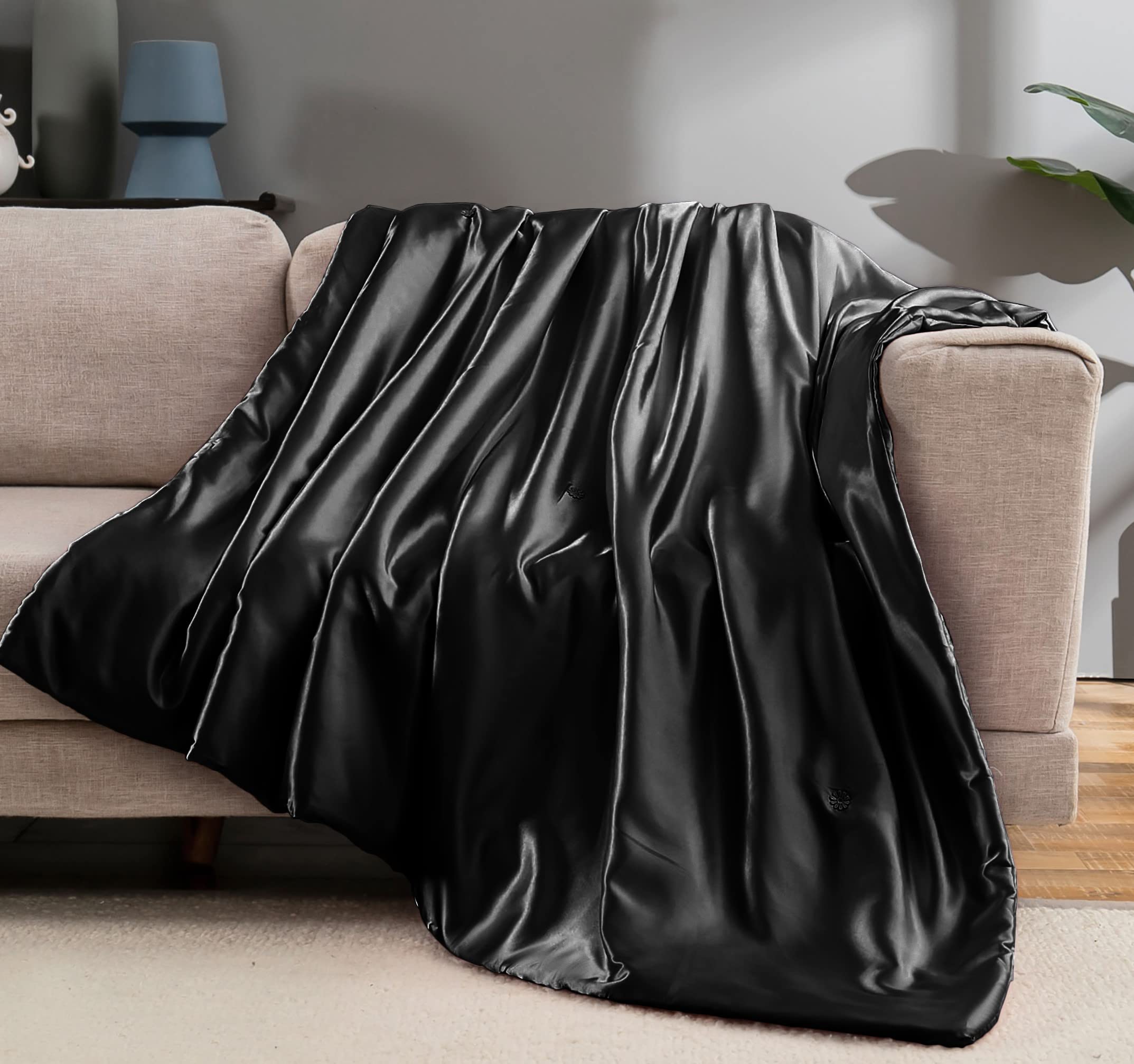 Vonty Dark Grey Satin Throw Blanket 50x60In, Cooling Silky Wrinkle-Free | Gentle On Hair, Machine Washable Easy Care, All-Season Warmth And Cooling, Multipurpose Bed Sofa Travel, Textured Cable Knit