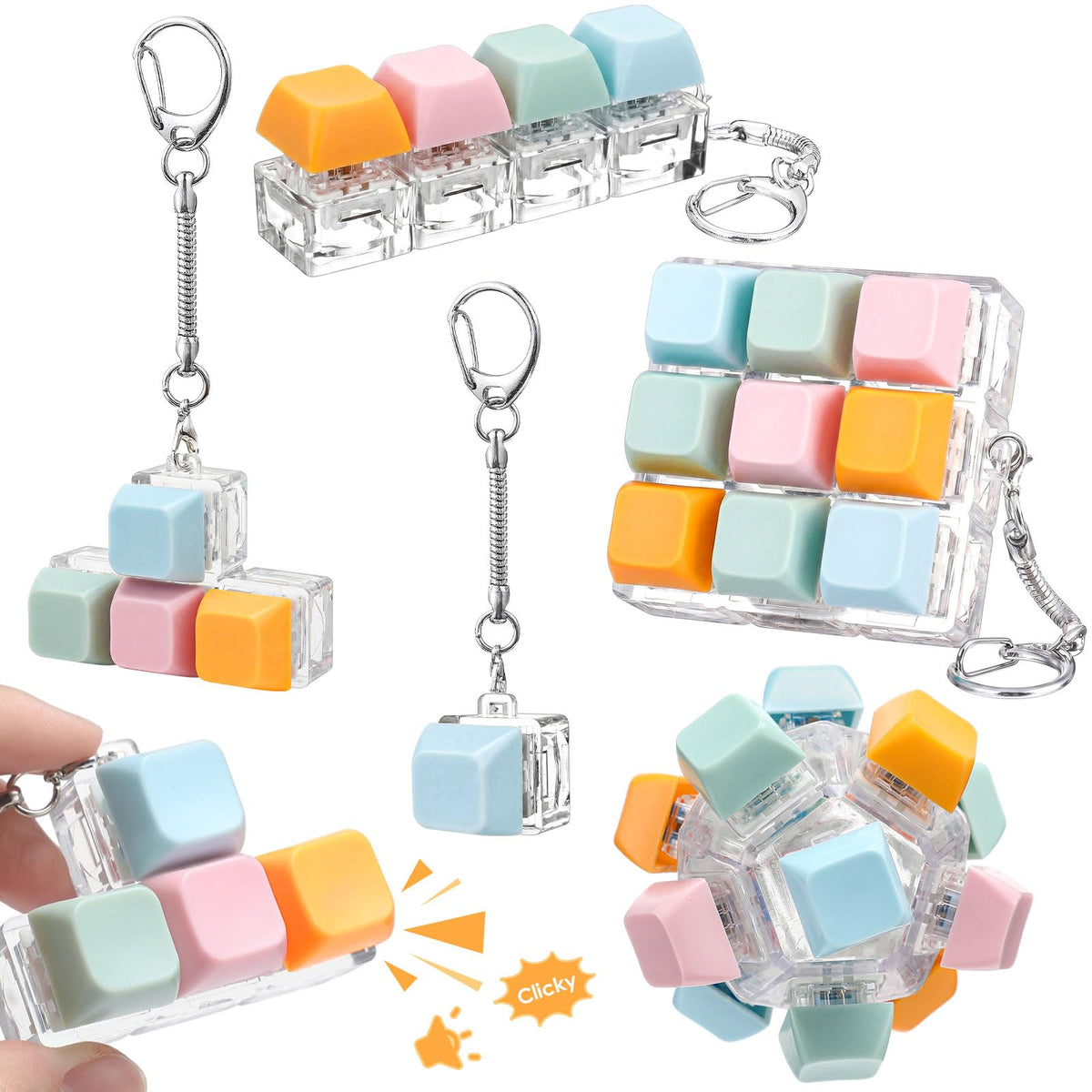 Halloscume 5 Pcs Keyboard Fidget Clicker Keychains in 5 Styles, Back to School Gift Fidget Mechanical Button Clicker Stress Relief Gift for First Day of School Office Home(Blue Purple)