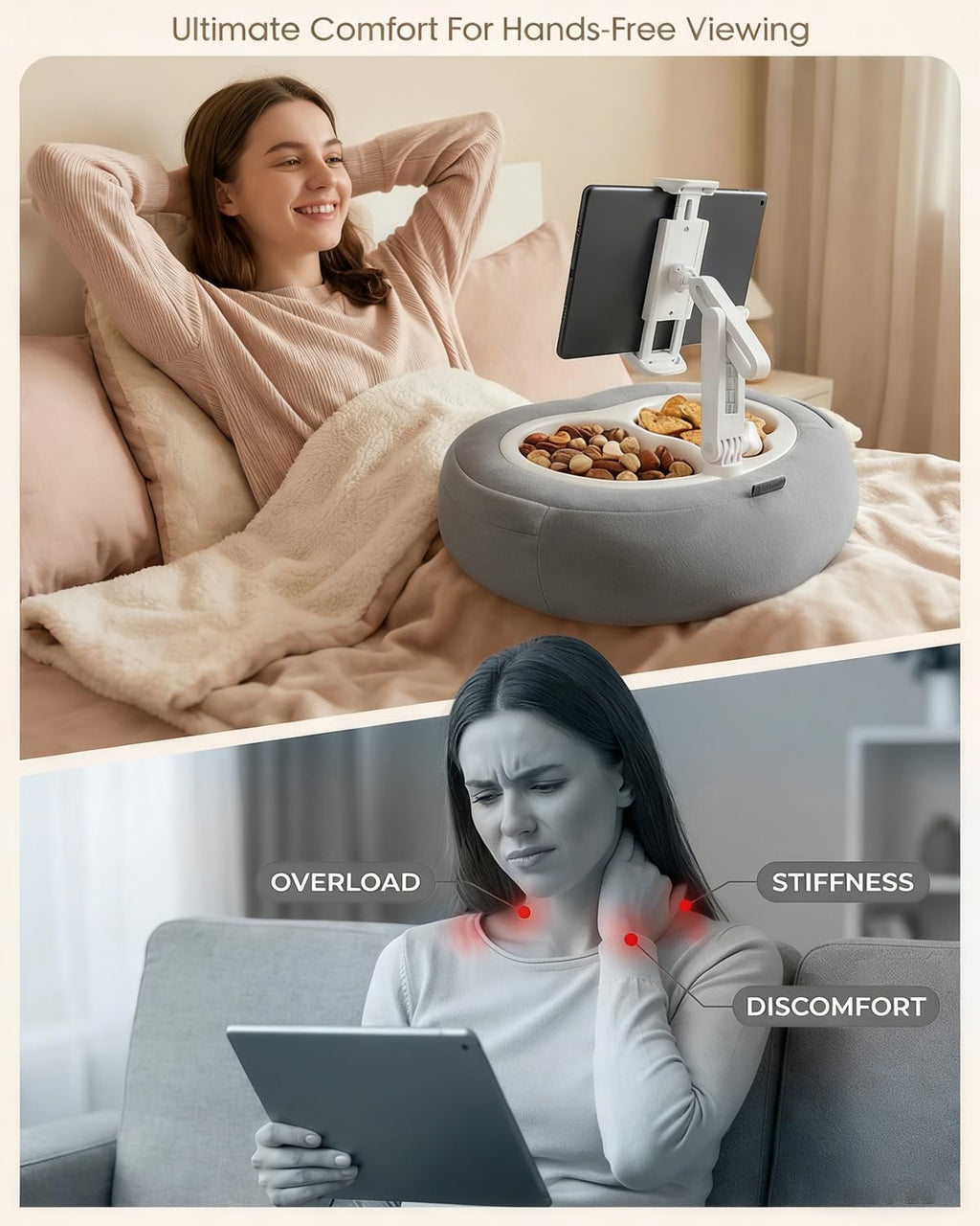 Miledi Tablet Pillow Stand for Bed with 360° Rotating Holder, Pink | Compatible with Kindle, iPad, Phone and Tablet 5" to 12.9", Soft Plush Fabric, with 2 Snack Bowls, for Reading and Relaxing