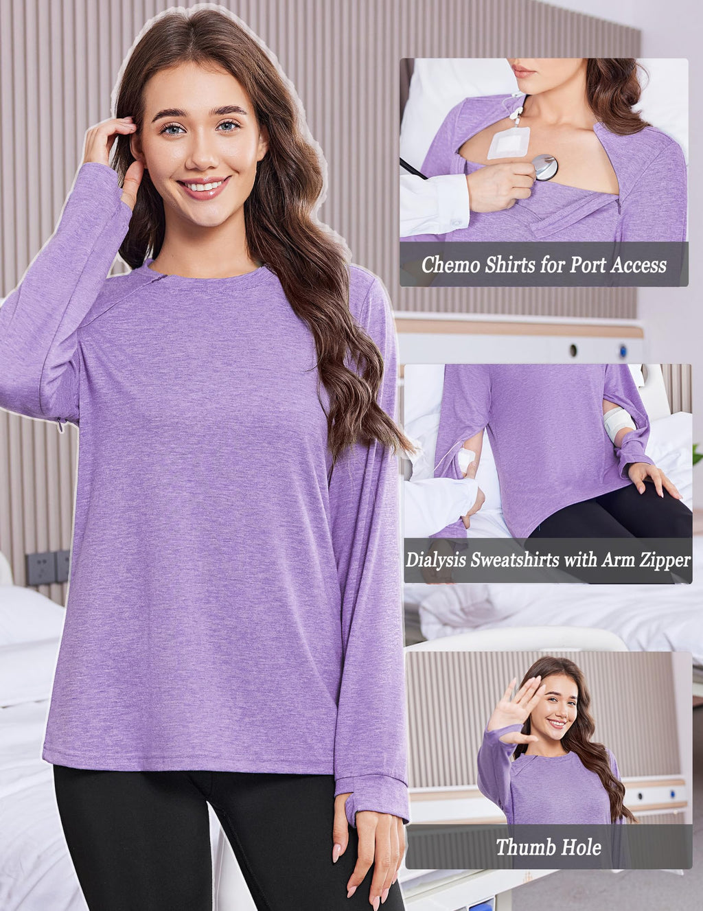 Deyeek Chemo Shirts for Port Access Women Long Sleeve Shoulder Post Surgery Shirt Dialysis Sweatshirts with Arm Zipper