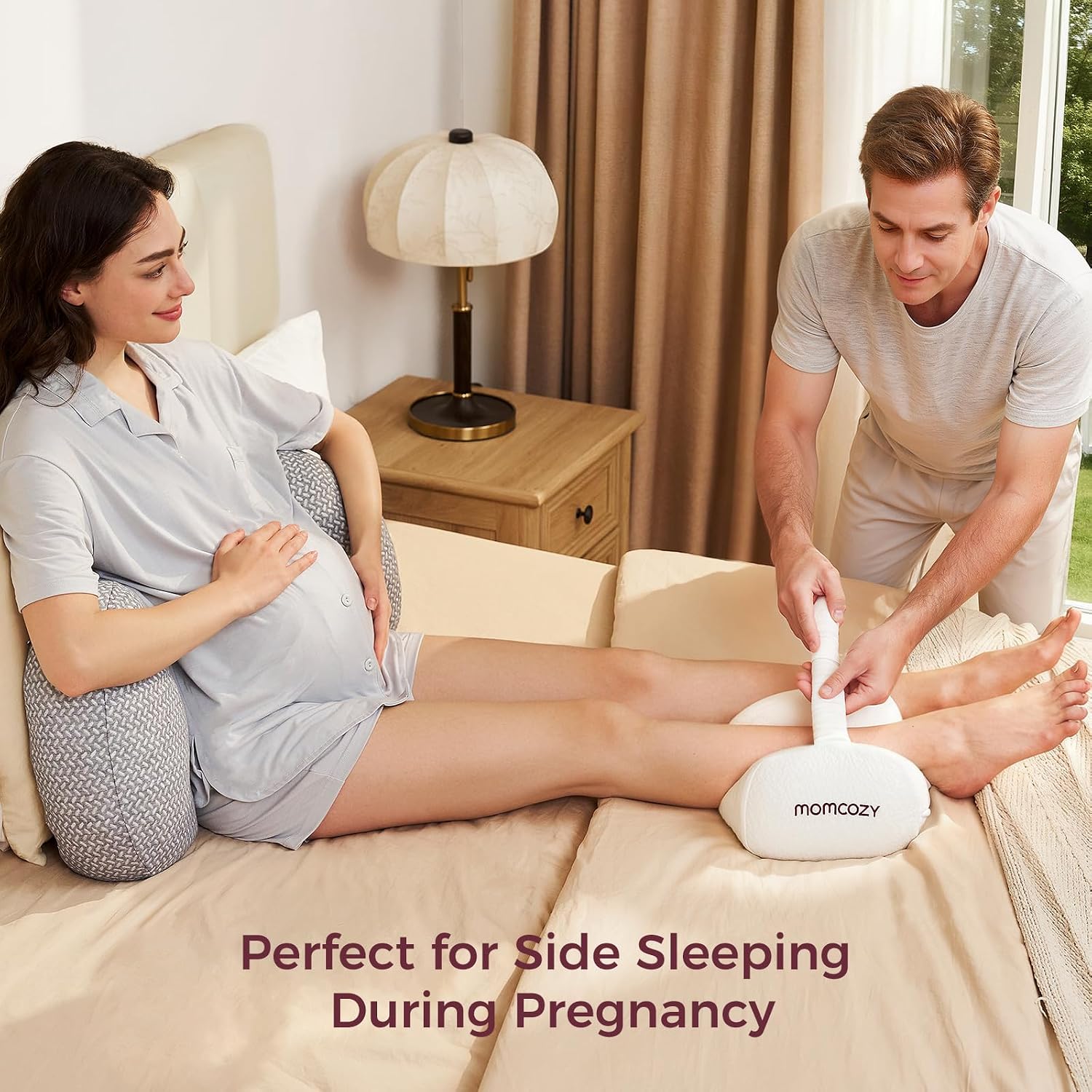 Momcozy Knee Pillow for Side Sleepers, Soft Memory Foam & Pinch-Free Design, Relieve Knee, Leg and Sciatica Pain, Adjustable Elastic Strap Ideal for Pregnant Women and Seniors, White