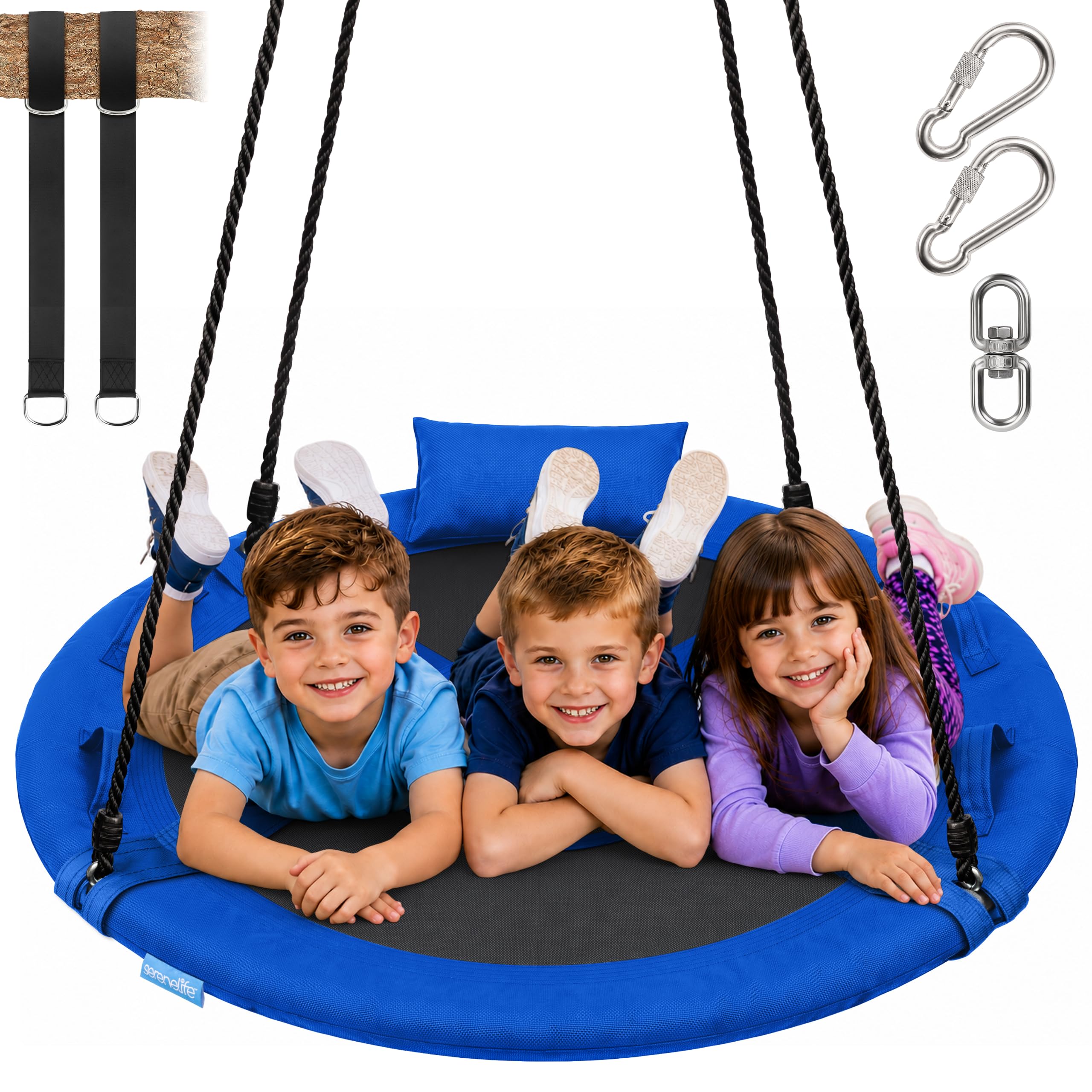 SereneLife Saucer Swing, Tree Swing, 40 Inch, 900lb Heavy Duty Capacity for Kids, 900D Oxford Waterproof Seat, Adjustable Height Ropes, 2 Strap Tree Hang Kit, Center Swivel Spinner, Black